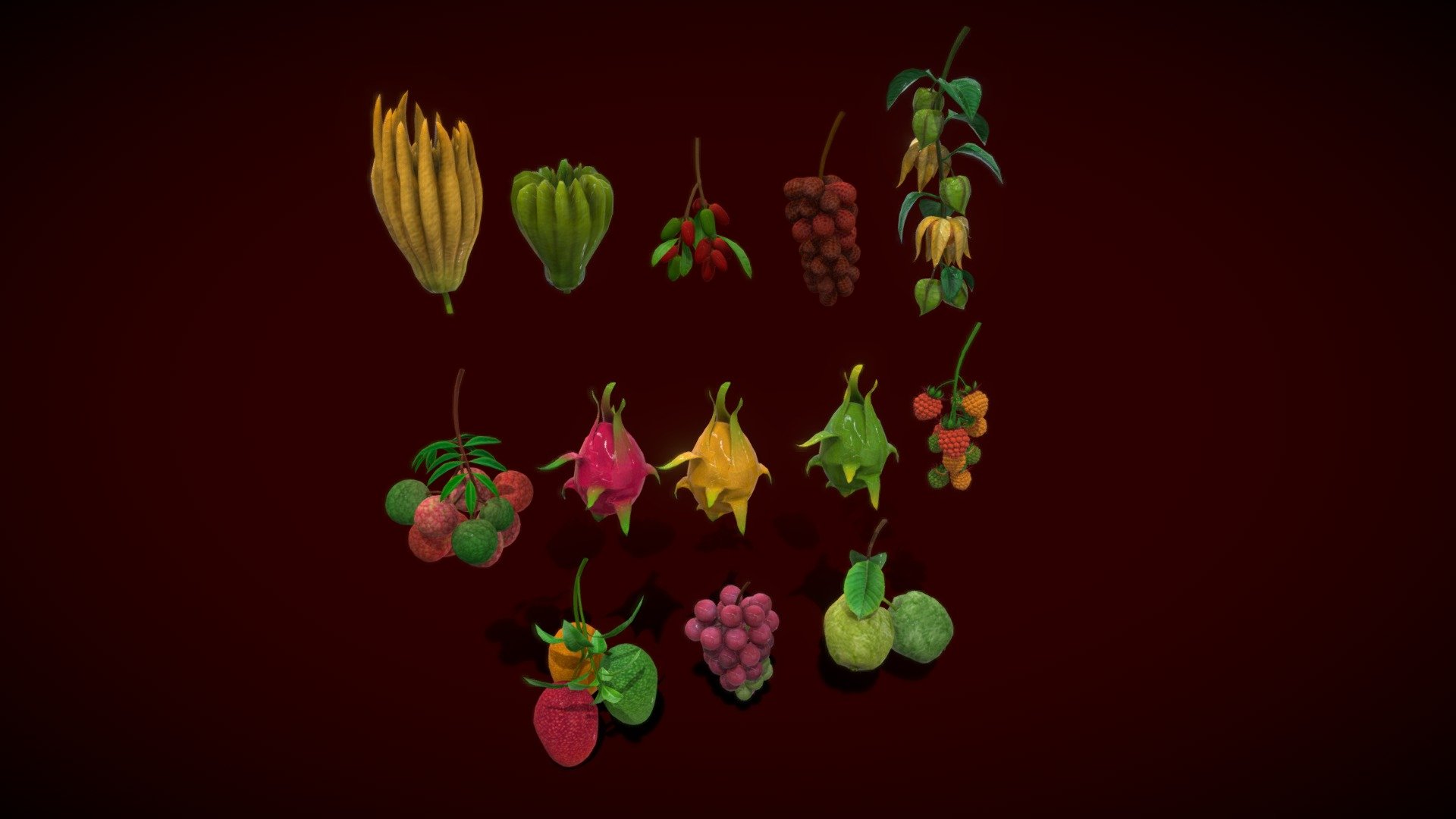 A collection of fruit:
- Buddha-Hand-fruit
- Dragon-fruit
- Grape-ruby-fruit
- Guava-fruit
- Litchi-fruit
- Mangoes-fruit
- Miracle-fruit
- Snake-skin-fruit
- Stinging-nettle
- Strawberry
Each model has  lowpolys. Each texture is 1024x1024px 

Included textures for each fruit:
- Diffuse Map
- Normal Map - Collection Fruit Path1 - Buy Royalty Free 3D model by vustudios 3d model