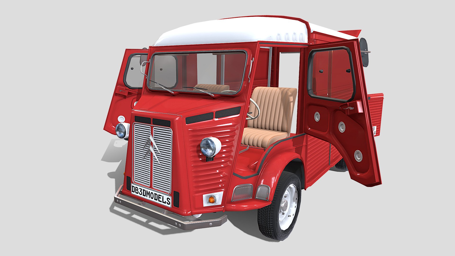 Highly detailed Citroen HY 3D model rendered with Cycles in Blender, as per seen on attached images.

The model is very intricately built, it has the interior modeled, with the rear cargo area, and a simple underbody built as well. 

The 3d model is scaled to original size in Blender.

File formats:

-.blend, rendered with cycles, as seen in the images;

-.blend, rendered with cycles, as seen in the images, with doors open;

-.obj, with materials applied;

-.obj, with materials applied, with doors open;

-.dae, with materials applied;

-.dae, with materials applied, with doors open;

-.fbx, with materials applied;

-.fbx, with materials applied, with doors open;

-.stl;

-.stl, with doors open;

Files come named appropriately and split by file format.

3D Software:

The 3D model was originally created in Blender 3.1 and rendered with Cycles 3d model