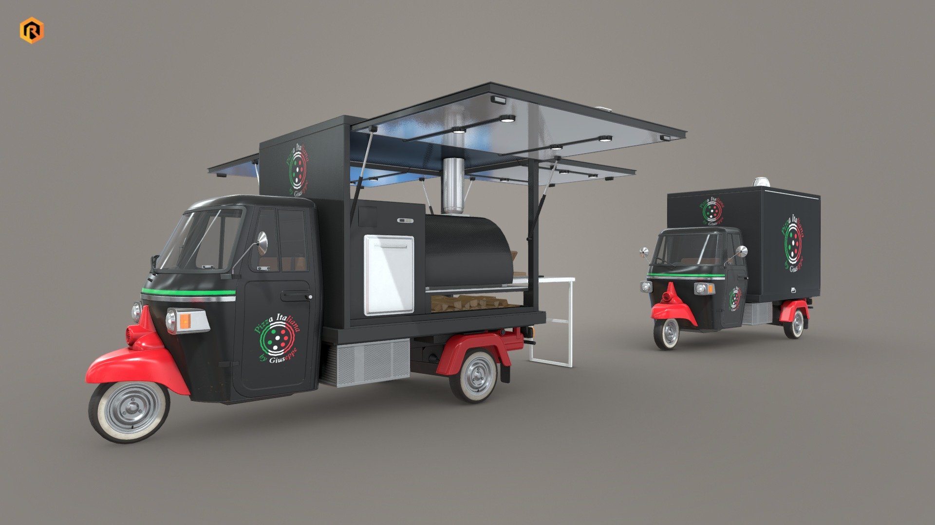 Low-poly PBR 3D model of Food Truck.  

There is open and closed trailer version of the model included. 

You can also get this model in a collection: https://skfb.ly/oJyQt

You can also visit my store page to find other themes of food carts.

This model is best for use in games and other VR/AR, real-time applications such as Unity or Unreal Engine. It can also be rendered in Blender (ex Cycles) or Vray.

Technical details:




6 PBR textures sets

 (Main Body, Alpha, Emission, Trailer Main, Trailer Alpha, Trailer Emission) 

29080 Triangles

The model is divided into few objects: main body, wheels, doors, steering wheel, two trailer types (open and close) etc. 

Lot of additional file formats included (Blender, Unity, Maya, etc.)  

More file formats are available in additional zip file on product page (See all files)

Please feel free to contact me if you have any questions or need any support for this asset.

Support e-mail: support@rescue3d.com - Food Truck - Buy Royalty Free 3D model by Rescue3D Assets (@rescue3d) 3d model