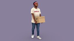 Buddy with Box people, campus, standing, walking, urban, college, dormitory, worker, education, box, casual, afroamerican, moving, helper, carry, neighbor, crowd, man, student, street, male