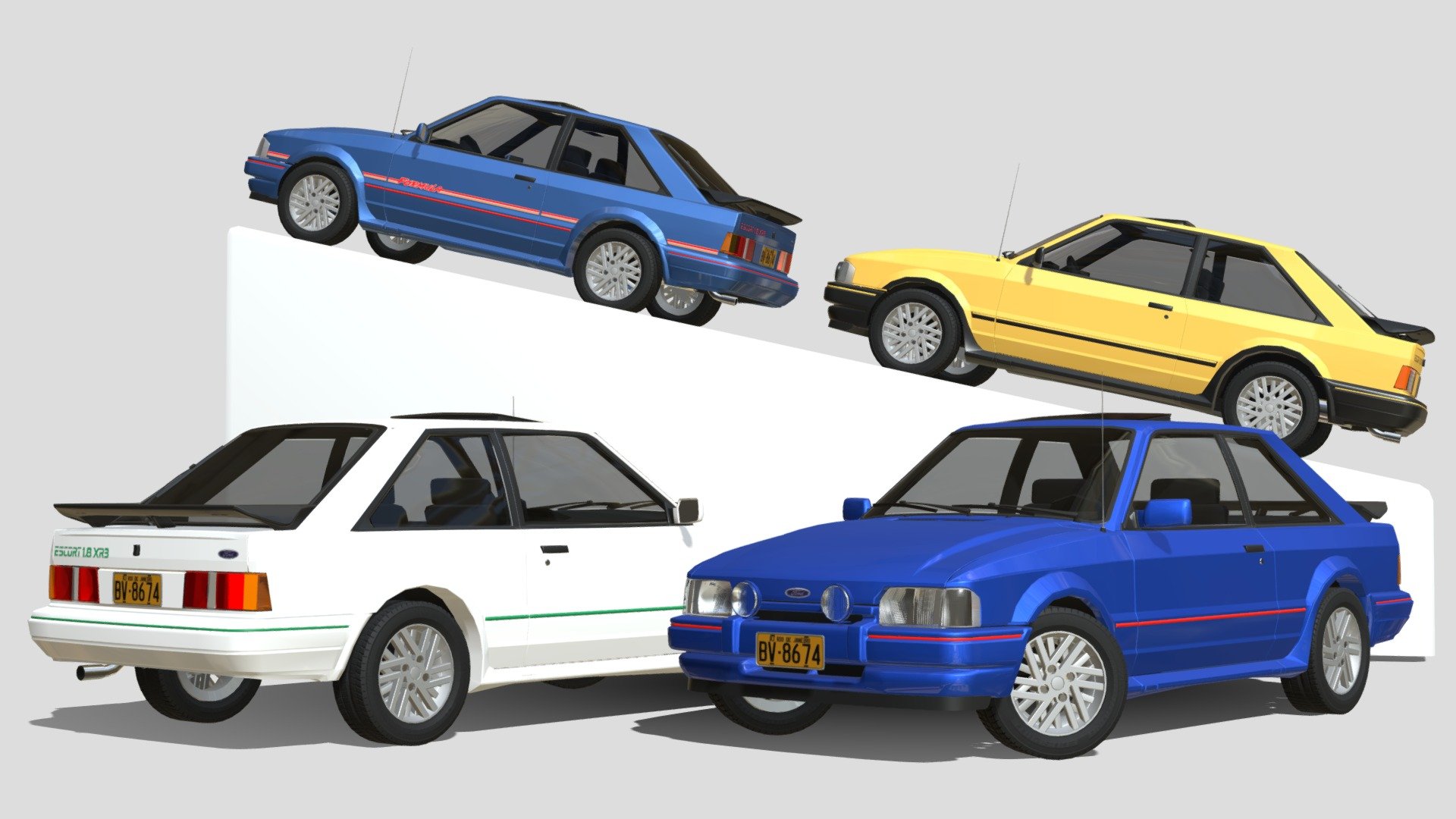 May I present part 2 of the escorb model adhd saga!
First based off my dream spec, the Caribe Blue XR3 (so beautiful like dayum), I then realized MK4 XR3's arent aaaaaaaall that different so I went ahead, dug up all my good ol Quatro Rodas magazines from back in the day and some prior knowledge and modelled all the remaining variations of the hatchback 89+ XR3. There are 4 main versions, the standard 1.8 XR3 represented by the Caribe Blue one, the Benetton special edition &lsquo;Super Sport' XR3, created in homage to the Benetton team win in F1 using Ford engines, The &lsquo;89 nicknamed Escortwagen because of the partnership between VW and Ford, first year of the fancy cool bodykit, unpainted, and lastly the Fórmula XR3, which was a special limited edition featuring active electronic shock absorbers, a first in Brazil, an attempt of Ford to counter the &lsquo;technologic' gap they had against the competition (that had MPFI and other techy stuff for a long time before). Made in limited numbers, 350 blue units and 350 white 3d model