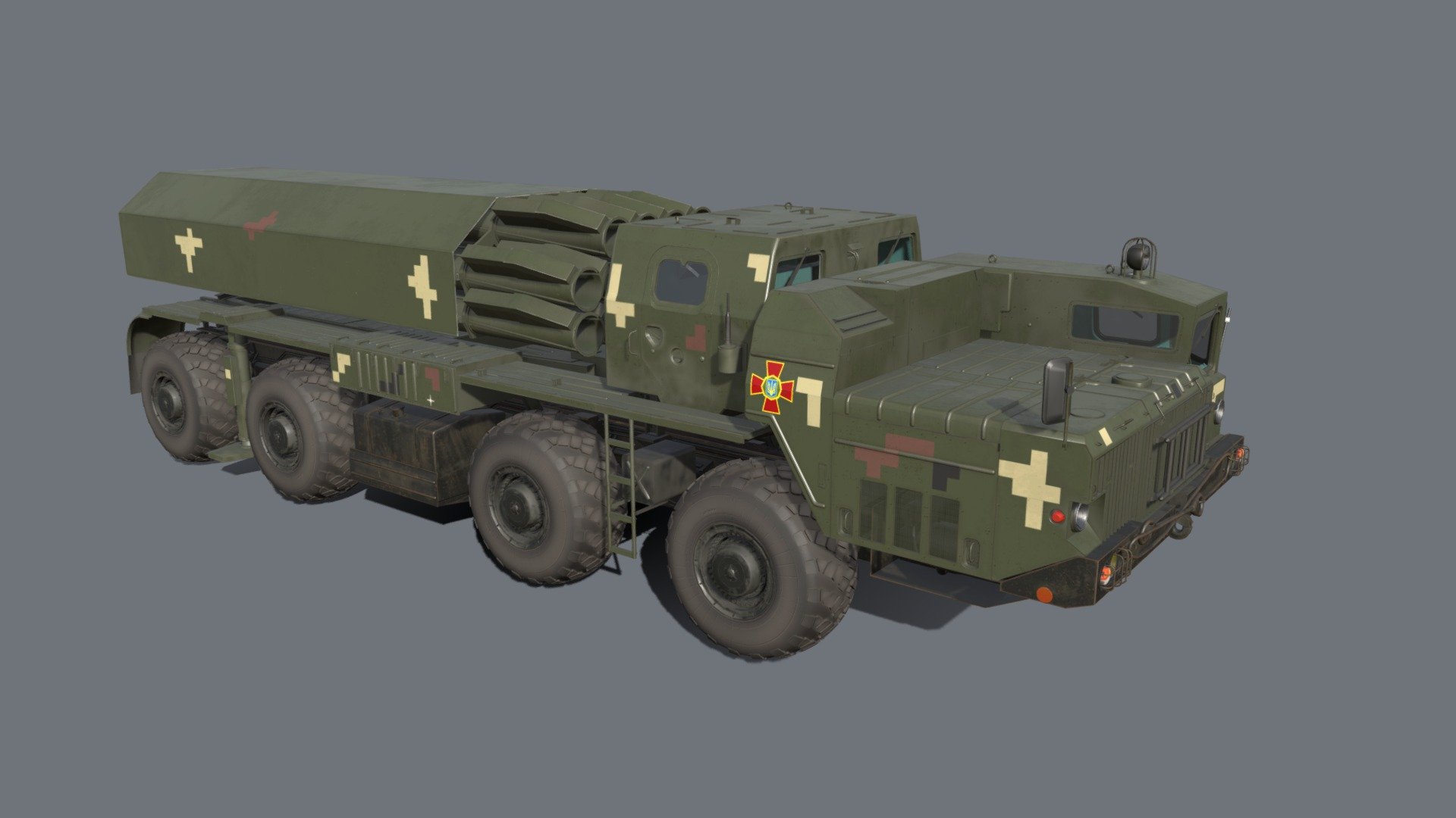 This model is a further modernization of the Smerch MLRS, which uses a new longer-range adjustable ammunition.
It was first publicly presented at the Independence Parade in Kyiv in 2018 3d model