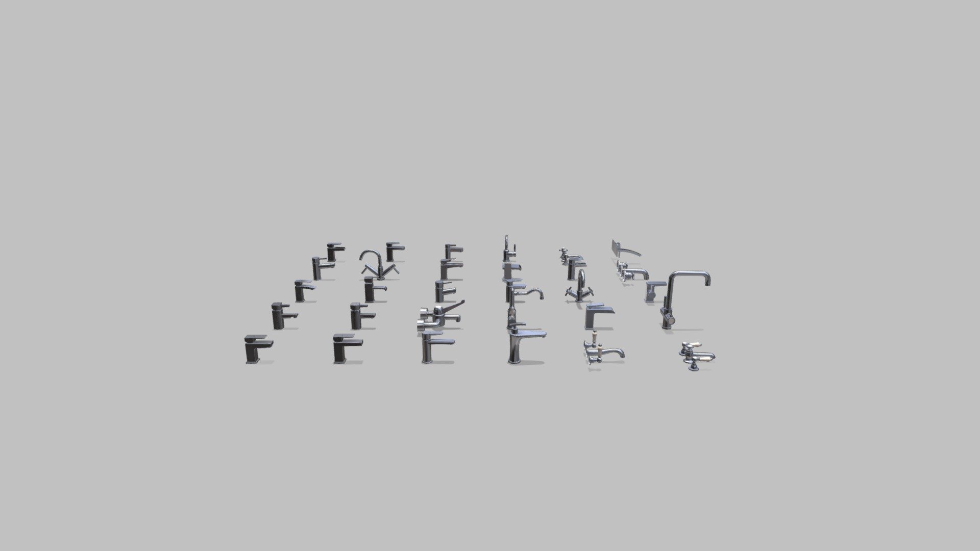 Enjoy!

Poly count: About 5000 polys, 2600 verts per shape (these values are average)

Features:
- Rigged (Blender, Unreal Engine)
- 5 procedural PBR materials: Polished Chrome, Pure Chrome, Polished Bronze, Solid Brass, White Marble
- .BLEND file contains models with unapplied triangulate modifier
- UV mapping (mixed) - (FREE) Interior Pack - 30 BASIN TAPS Low-poly - 3D model by UIysses 3d model