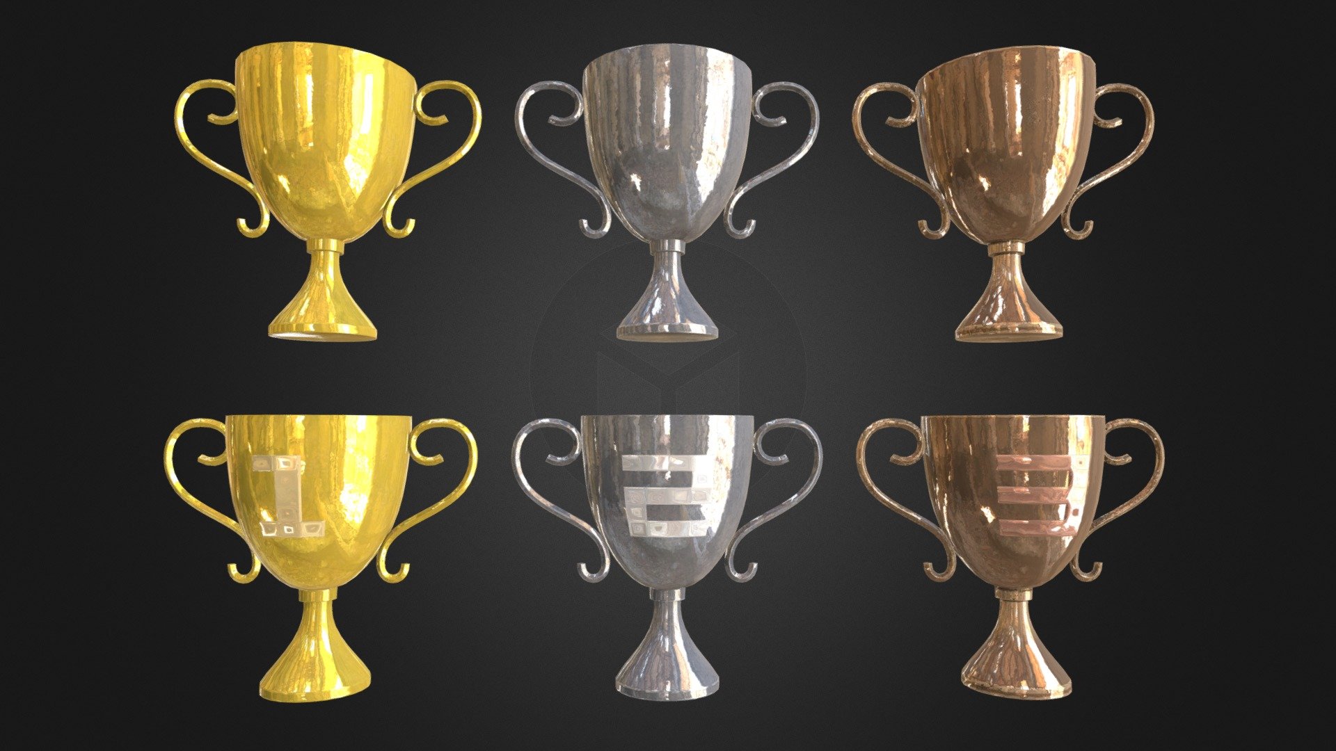 This package contains 6 trophies variations.

Gold
Silver
Bronze
Gold (1 engraved)
Silver (2 engraved)
Bronze (3 engraved)


Please don't forget to rate this package and check out my other packages as well!
 - PBR Trophies Pack - 3D model by WSM Game Studio (@wsmatis) 3d model