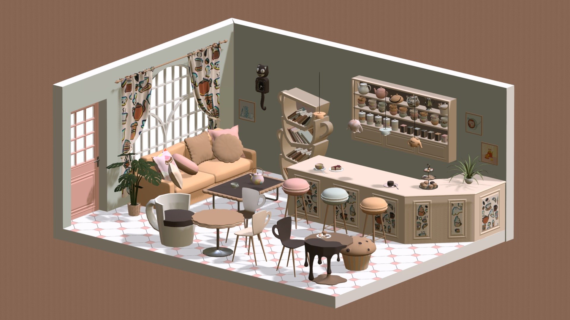 Hello everyone !

I am pleased to present this teahouse that will blend into any decor of this style ! You can integrate these 3d model into all your games or animations and create a unique decor of which only you have the secret ! This pack contains:

Bar
Wall shelf
Shelf cup
Chair cup
Armchair cup
Table chocolate
Table biscuit
Coffee table biscuit
Sofa
Cushions
Macaron stool
Cake stand
Muffin
Biscuit
Macaron
Plants
Cup
Teapot
Lamp
Clock
Books
Door
Window
Cheesecake
Tea
Chocolate cake
Actually, everything you see in the images above. Let yourself be carried away by your imagination ! Enjoy !

Made in blender - Teahouse - Buy Royalty Free 3D model by ApprenticeRaccoon 3d model