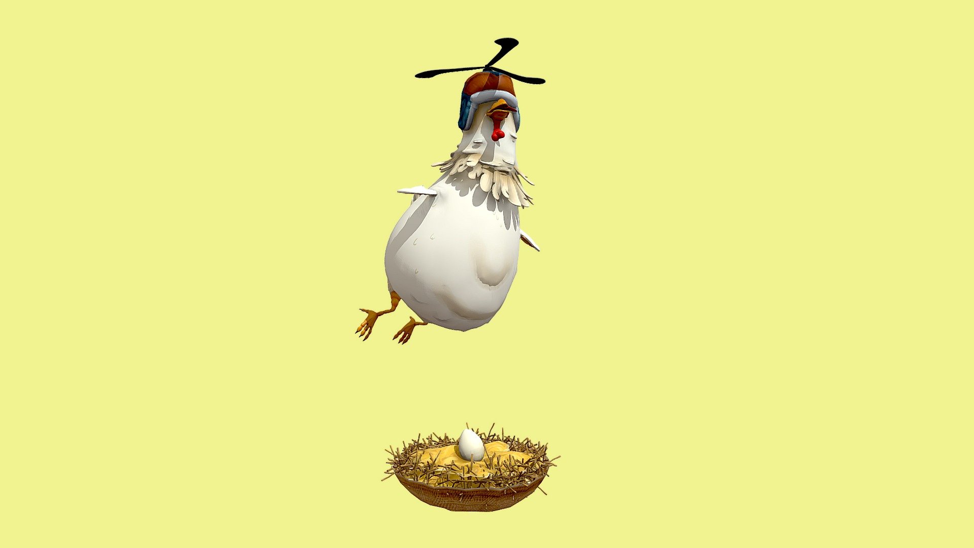 Made this character for fun and also ended up getting some retopology practice.

The thought behind this character (if you would call it that) is:

because regular chickens can't fly, some handy-man/farmer fashioned this flying device for his favourite chicken 3d model