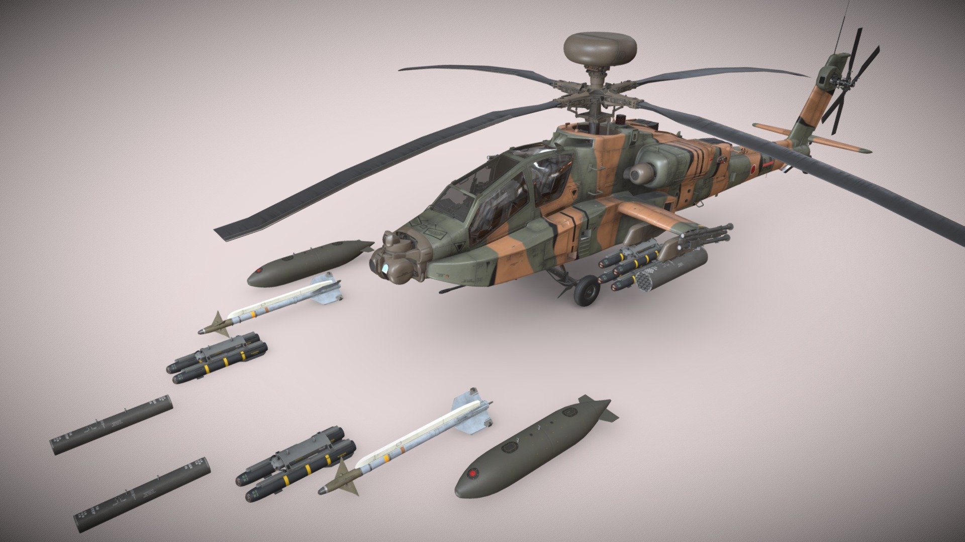 Helicopter Apache AH-64D Japan Ground Self-Defense Force  Static


Basic and Complex Animation versions are available as seperate models (see my profile models)


File formats: 3ds Max 2021, FBX, Unity 2021.3.5f1


Weapon:


* - External Fuel Tank 

* - Launcher M-260 with Hydra 70 missiles 

* - Launcher M-261 with Hydra 70 missiles 

* - Hellfire launcher and missiles 

* - M230 chain gun 


This model contains PNG textures(4096x4096):


-Base Color

-Metallness

-Roughness


-Diffuse

-Glossiness

-Specular


-Emission

-Normal

-Ambient Occlusion
 - Apache AH-64D Japan Ground Defense Static - Buy Royalty Free 3D model by pukamakara 3d model
