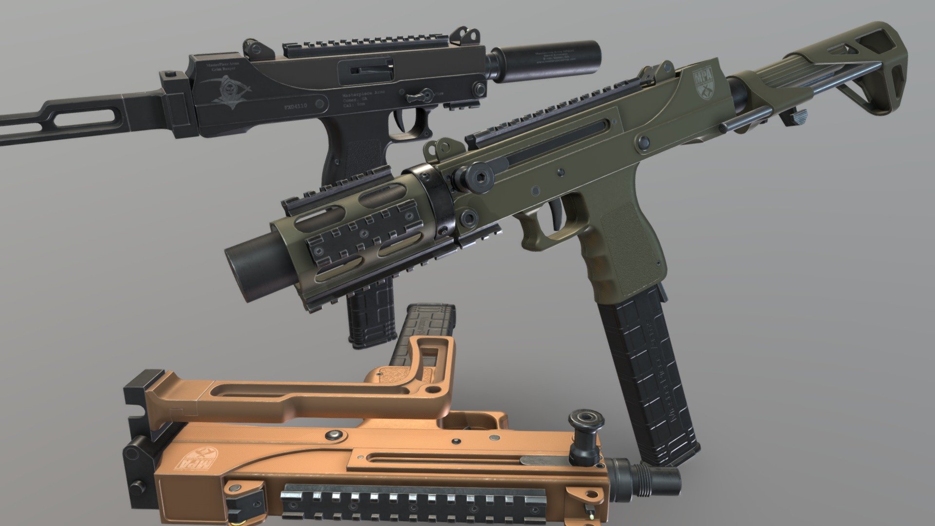 Game-ready low-poly PBR model

Three color options:


Black
Flat Dark Earth
Olive Drab Green

Poly / Verts Count:


Masterpiece 30 SST: 9439 / 5226
Handguard + Barrel Extension: 3810 / 2004
MPA Folding Stock: 2188 / 1152
Maxim Defense CQB Gen 7 Stock: 2374 / 1255
Total: 17811 / 9637
 - Masterpiece Arms 30 SST SMG - Download Free 3D model by eNse7en 3d model
