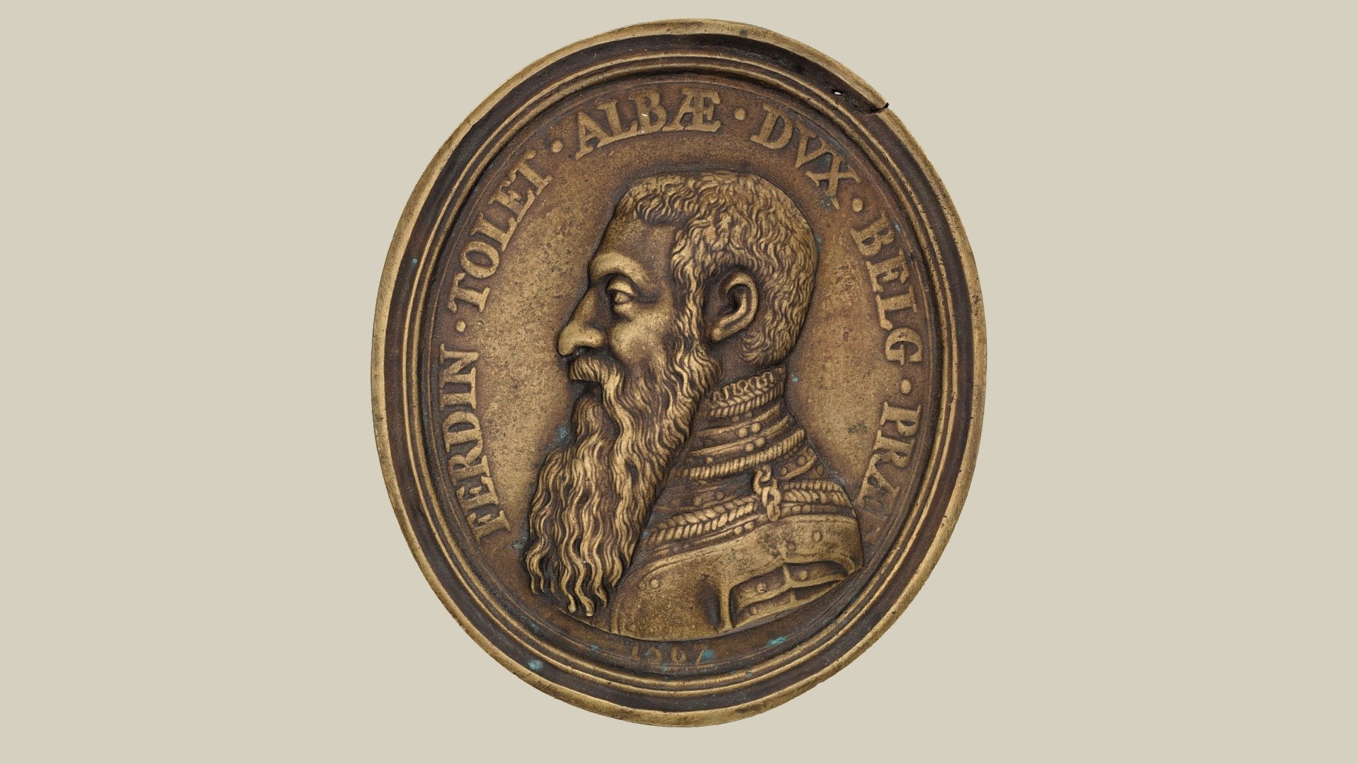 Oval bronze plaque on his governorship in the Netherlands in 1557, FERDIN TOLET ALBAE DVX BELG PRAEF// 1567, bust of the duke in armor. 83.4x96 mm; 74 g; 1567.

Fernando Álvarez de Toledo (1507-1582), 3rd Duke of Alba was a Spanish nobleman, general and statesman. In the Netherlands he suppressed the rebellion against Spanish rule during the Eighty Years' War. He was governor of the Spanish Netherlands from 1567 to 1573. He is still revered by some Spaniards as a great and successful warlord. Outside Spain, he is often regarded as the &ldquo;executioner of the Netherlands.