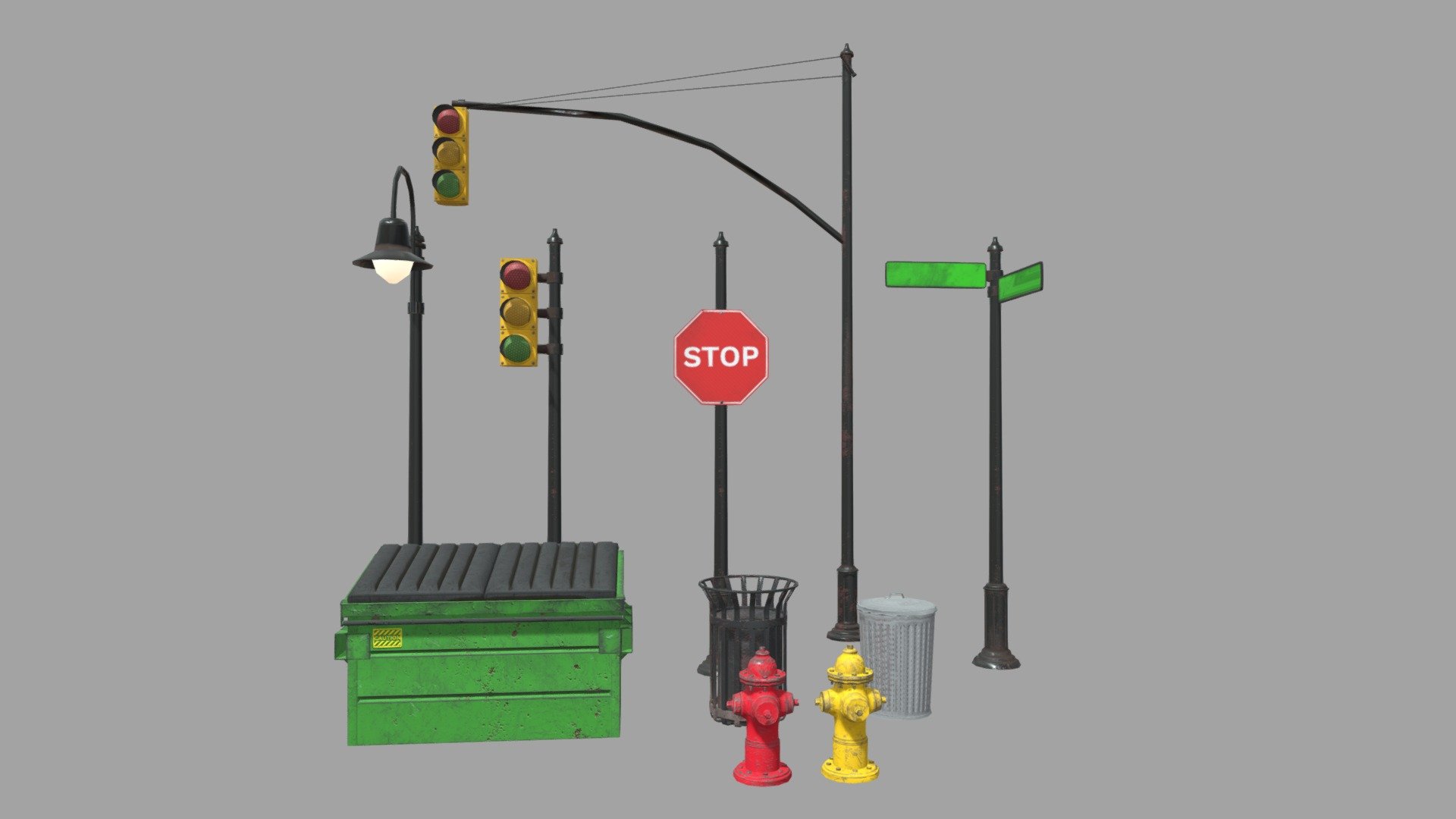 Street and city props. Dumpster, Traffic Lights, Street Lamp, Fire Hydrants, Stop Sign, Trash Cans, and Street Sign. These props were modeled to be in a multiplayer fps map. All the meshes use the same material. Meshes were modeled in Blender and textured in Substance Painter 3d model