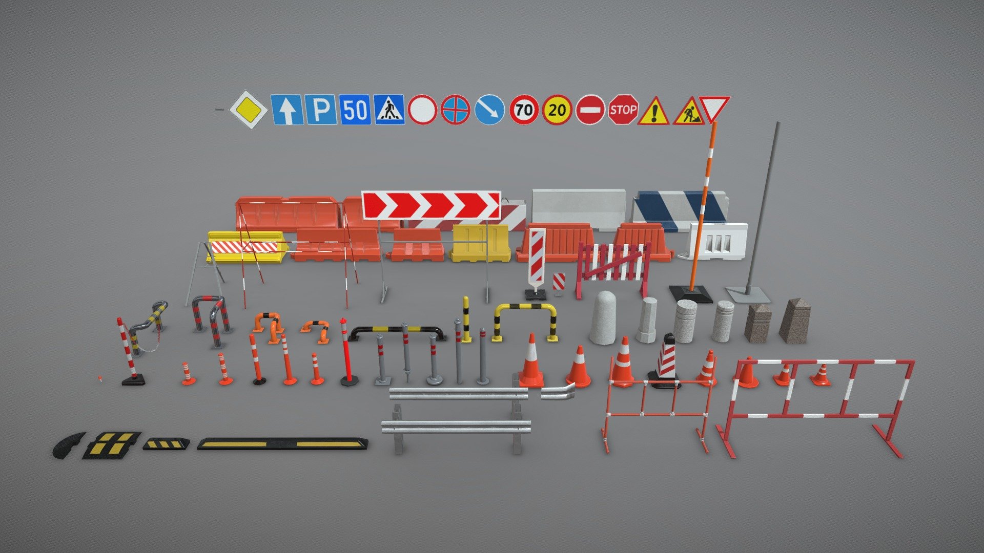 Game ready low poly road props models with PBR materials and atlas textures. 



Features:


Total tris 19313 




Contains:

 83 different models of road propps, some of them you can mix at your discretion;
 - Game_Ready_Road_Props - 3D model by Moon_Studio 3d model