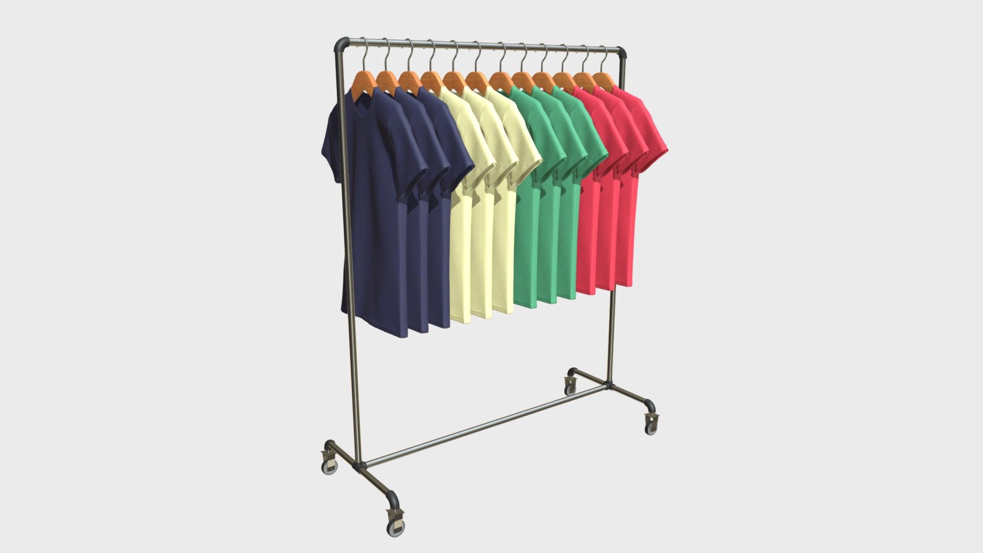 === The following description refers to the additional ZIP package provided with this model ===

Some T-Shirts hanged on a rack 3D Model. Single object, single material; OVERLAPPING UV Layout map, with a PBR Textures set. Production-ready 3D Model, with PBR materials, textures, overlapping UV Layout map provided in the package.

Quads only geometries (no tris/ngons).

Formats included: FBX, OBJ; scenes: BLEND (with Cycles / Eevee PBR Materials and Textures); other: png with Alpha.

1 Object (mesh), 1 PBR Material, UV unwrapped (overlapping UV Layout map provided in the package); UV-mapped Textures.

UV Layout maps and Image Textures resolutions: 2048x2048; PBR Textures made with Substance Painter.

Polygonal, QUADS ONLY (no tris/ngons); 183444 vertices, 182980 quad faces (365960 tris).

Real world dimensions; scene scale units: cm in Blender 3.3 (that is: Metric with 0.01 scale).

Uniform scale object (scale applied in Blender 3.3) 3d model