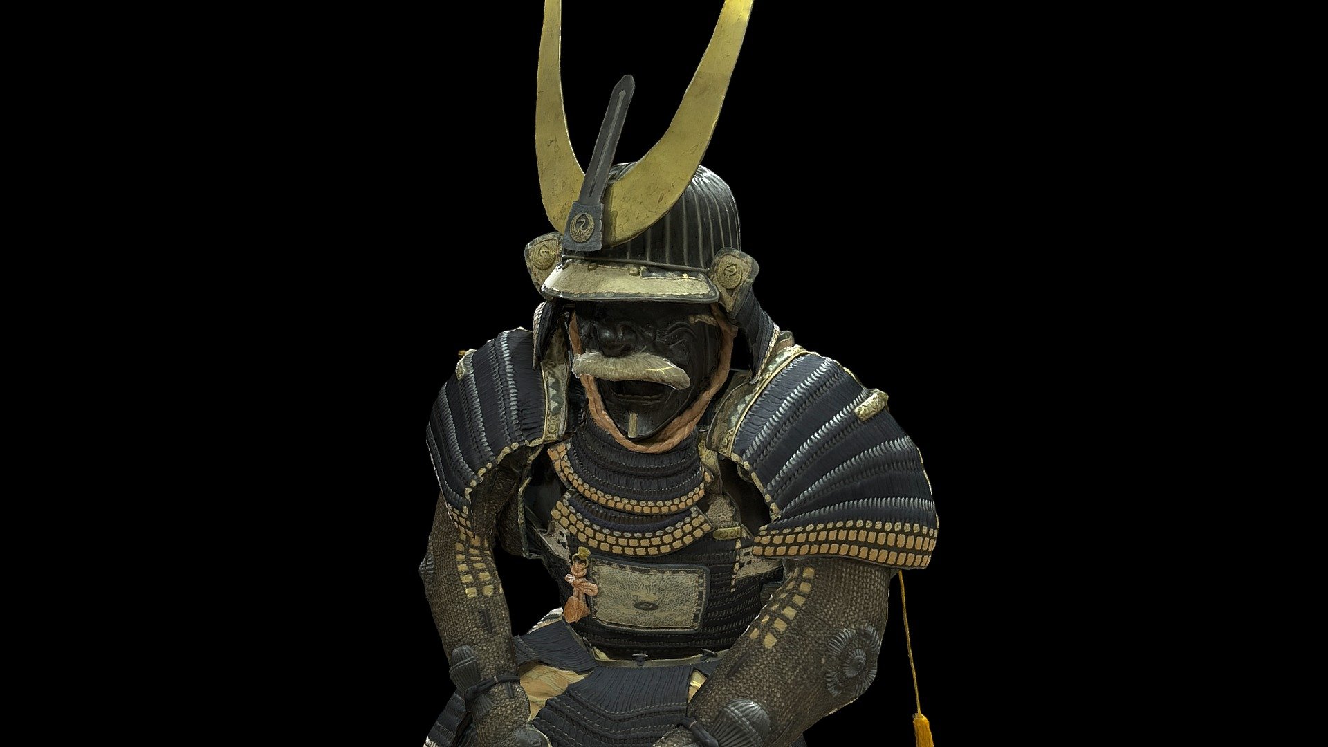 Photogrammetry of Set of armour of Mori Clan, with two-piece cuirass (nimaido gusoku) and surcoat (jinbaori)  located at British Museum (Japanese gallery)

This particular set of two-piece cuirass (nimai-do gosoku) armour is of exceptionally high quality. During the Edo period (1615-1868) the Tokugawa shogunate enacted a four-class system. The warrior class was the hegemonic group, and armour and other related items were displayed to demonstrate their power and prestige.
Armour during the Heian, Kamakura, Muromachi, and Momoyama periods was utilitarian, meant to protect its wearer from injury in battle. Japanese medieval warfare often involved a series of duels where combatants would call out their lineage and rank, offer a challenge and then agree or decline to fight. In this situation the identity of the combatants would be clear. However, in a melee, important or wealthy families, particularly those wishing to ascend in rank, could outfit themselves in more distinctive armour and helmets 3d model