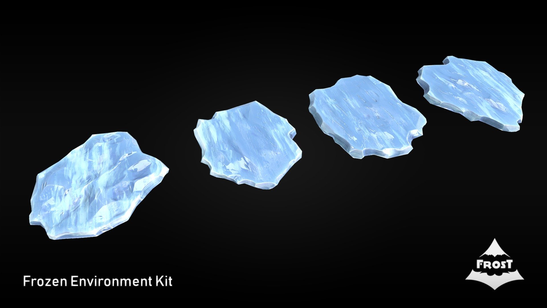 This pack is a fully PBR driven part of my FROST asset pack.
It contains the following assets:




4 Textured Frost Ice Floes

Each asset comes with 4K resolution Albedo, Glossiness, Roughness, Normal, Emission, Specular Color, Specular Level, AO and Height Maps.
The Height Maps can be used in game or rendering engines to blend other textures with the asset. The textures were atlased onto a single texture sheet.
All of the assets are based on manually created high poly sculpts and had their textures specifically created for them. They were optimized for use in realtime game engines.
As PBR assets they are recommended for desktop but the polycount will have no problem running on mobile as well and can still be further reduced if necessary.

The FROST Environment Kit is split as separate packages so that you can purchase only those assets that you really need, for a significantly lower price compared to a full asset pack 3d model