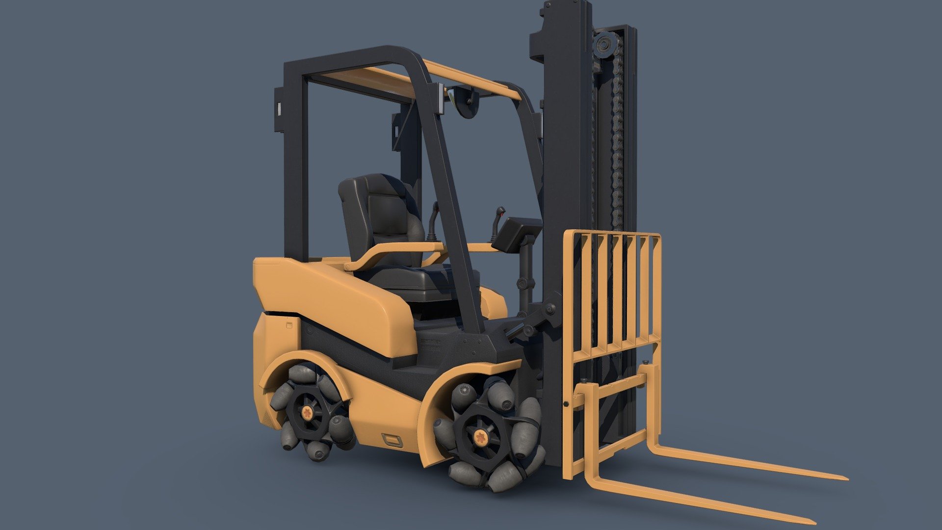 Real-time model of an electric forklift with mecanum wheels.

Model is rigged in Blender (see video for details: https://www.youtube.com/watch?v=FQBNgFsB0zw) with working chains and automatic wheel movement. 
Controls for: 
-Forklift movement 
-Forklift Rotation 
-Mast lift 
-Mast tilt 
-Joysticks - Electric Forklift with Mecanum Wheels - Buy Royalty Free 3D model by Samize 3d model