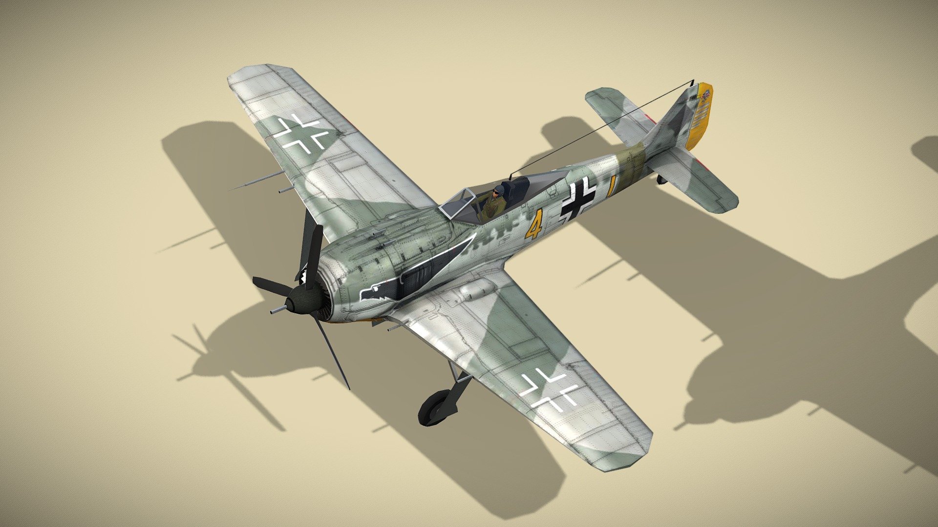 Focke-Wulf FW-190 Shrike

Lowpoly model of german fighter plane from WW2



Focke-Wulf Fw 190 is a German single-seat, single-engine fighter aircraft designed by Kurt Tank at Focke-Wulf in the late 1930s and widely used during World War II. Along with its well-known counterpart, the Messerschmitt Bf 109, the Fw 190 became the backbone of the Jagdwaffe (Fighter Force) of the Luftwaffe. The twin-row BMW 801 radial engine that powered most operational versions enabled the Fw 190 to lift larger loads than the Bf 109, allowing its use as a day fighter, fighter-bomber, ground-attack aircraft and to a lesser degree, night fighter.



1 standing version with wheels and 2 flying versions with trails, afterburner, pilot and armament.

Model has bump map, roughness map and 3 x diffuse textures.



Check also my other aircrafts and cars.

Patreon with monthly free model - Focke-Wulf FW-190 Shrike - Buy Royalty Free 3D model by NETRUNNER_pl 3d model