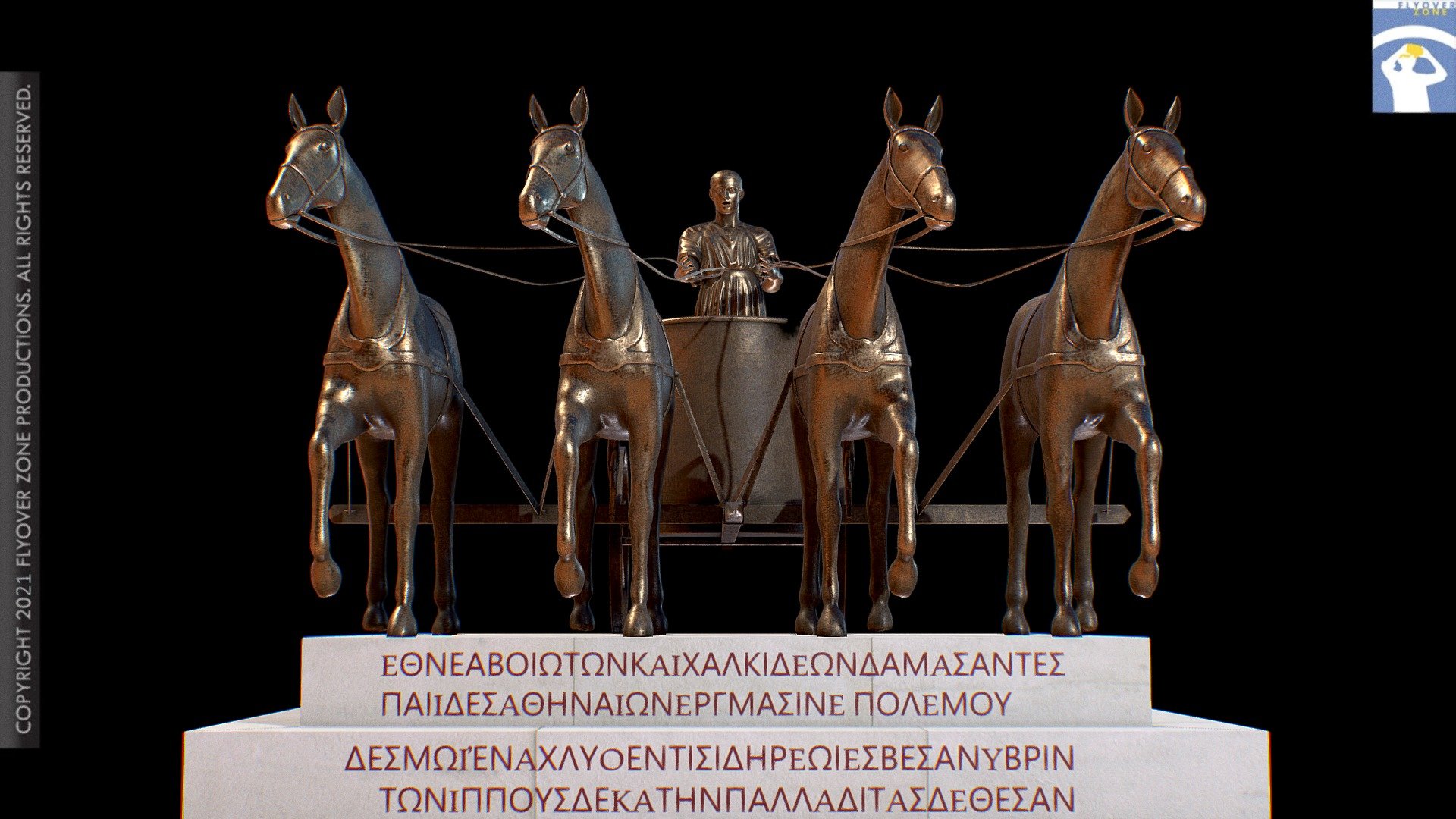 Name: Quadriga (reconstruction)
Material: Digital
Format: Statue Group
Location: The lost original was erected on the Acropolis, Athens, near the colossal statue of Athena Promachos, as per Gorham Phillips Stevens, The Periclean Entrance Court of the Acropolis of Athens, Hesperia 5.4 (1936) 443-520 at pp. 504-506 with figures 42 (2) and 54 for the location and design.  
Restorer: Mohamed Abdelaziz
Copyright 2022 Flyover Zone, Inc. All rights reserved.
 - Quadriga (reconstruction) - 3D model by Flyover Zone (@FlyoverZone) 3d model