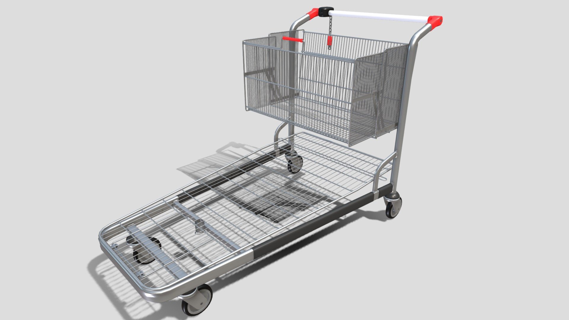 Shopping cart 3d model rendered with Cycles in Blender, as per seen on attached images. 
The model is scaled to real-life scale.

File formats:
-.blend, rendered with cycles, as seen in the images;
-.obj, with materials applied;
-.dae, with materials applied;
-.fbx, with material slots applied;
-.stl;

Two sets of files are provided, one with the basket open and one with it closed.
Files come named appropriately and split by file format.

3D Software:
The 3D model was originally created in Blender 2.8 and rendered with Cycles.

Materials and textures:
PBR material is being used, consisting of five 4k image textures (Base/Disp/Metallic/Normal/Roughness). 
Certain 3d softwares can possibly need texture re-assigning in order to get the proper material effect.

Preview scenes:
elements are on a different layer from the actual model for easier manipulation of objects 3d model