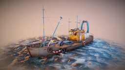 Old Fishing Boat midpoly, game-asset, fishingboat, sea, boat