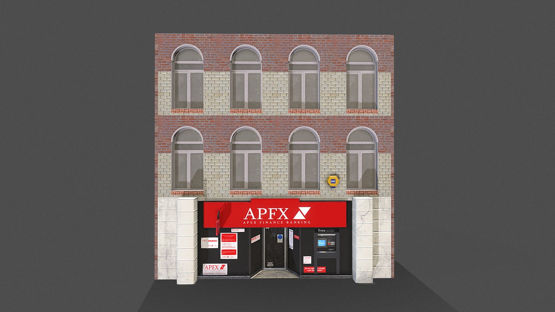 Modular window facade which has a bank underneath. All objects are seperate so they can be used on theor own. 

Useful prop for any sort of outdoor environmment

Bank building has a seperate ATM machine which can be used on its own.

All has a custom brand so there won't be any copyright issues. 

PBR textures @4k - Modular Building - Buy Royalty Free 3D model by Sousinho 3d model