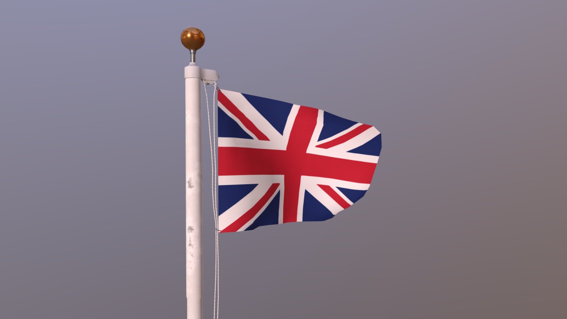 Flag of United Kingdom (waving in the wind)

A low poly 3D model of an animated and rigged flag. The low poly flag was modeled and prepared for low-poly style renderings, general visualization, background.

UV Layout maps and Image Textures resolutions: 1024x1024 px; PBR Textures created and baked (SimpleBake) in Blender and included diffuse, roughness, metalness and normal maps. 
The entourage is separate object, 2D girl for visual scale (175 cm) plus terrain, and have simple material with colors and it's just for presentation.

The animation has 190 frames.

Details:

real world dimensions




Flag cloth size

-length: 140 cm
-width: 90 cm




Flagpole size

-diameter: 10 cm
-height: 680 cm - Flag of United Kingdom (animated) - 3D model by mihais (@m1hais) 3d model