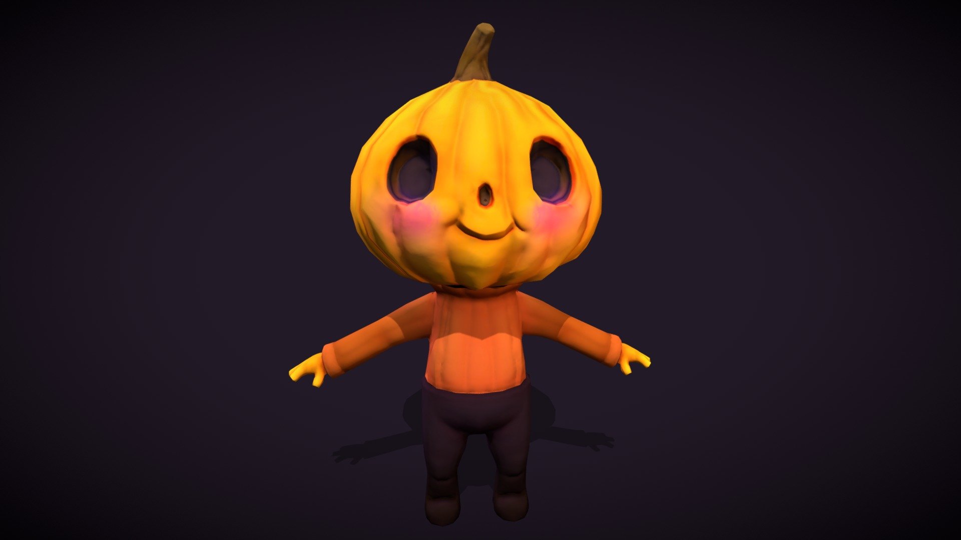 A cute pumpkin character I made for a Hallloween scene, based on a friend's design

Modeled in Blender 3D and textured on Substance Painter.

I've posted the final scene in my Instagram account, if you wish to see it: https://www.instagram.com/p/CVtTKhBPAx2/ - 🎃 Little Pumpkin Guy - 3D model by FranMelink 3d model