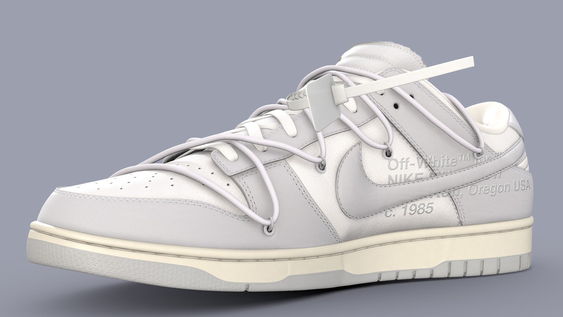 Off White collaboration with Nike on a Dunk Low, made in Blender, textured in Substance. Released in 2021. Each Lot has its own unique twist, this particular colourway opts for subtle tones of grey.

Every detail was made in the recreation of this shoe, from the text on the medial side of the shoe to the subtlety of each material, nothing went overlooked. Stitches were sculpted by hand to achieve the highest quality, and the frayed edge on the tongue of the shoe was created such that there would be no gap between the canvas fabric and foam

What's included Firstly, two versions of this model. The base version with 4 texture sets, and a One Mesh version that uses only 1 texture set. Both models are identical, only how they are unwrapped is different. There are two texture sets, with 4 maps, namely: Base Color, Metallic, Normal, and Roughness. I have included several other versions, such as High and Low Poly shoes All textures are 4096x4096. Meaning the One Mesh version has 4 2048x2048 textures 3d model