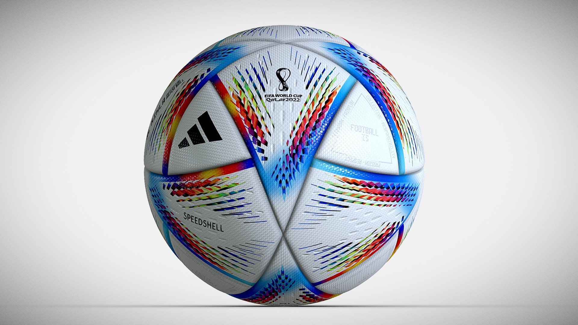 Al Rihla Official Ball Qatar 2022 with PBR Textures with a resolution of 4096x4096, these textures are: Basecolor, Metallic, Roughness and Normal

The model is midpoly so it can be used for both film/advertisement with closed up renders and also for realtime projects like games so the geometry has 11k polys

The model has the pivot in its center so it can be rotated naturaly like a ball it is also placed in the world center with a real life measures

The geometry of this model has 11100 poligons - Al Rihla Official Ball Qatar 2022 - Buy Royalty Free 3D model by rfarencibia 3d model
