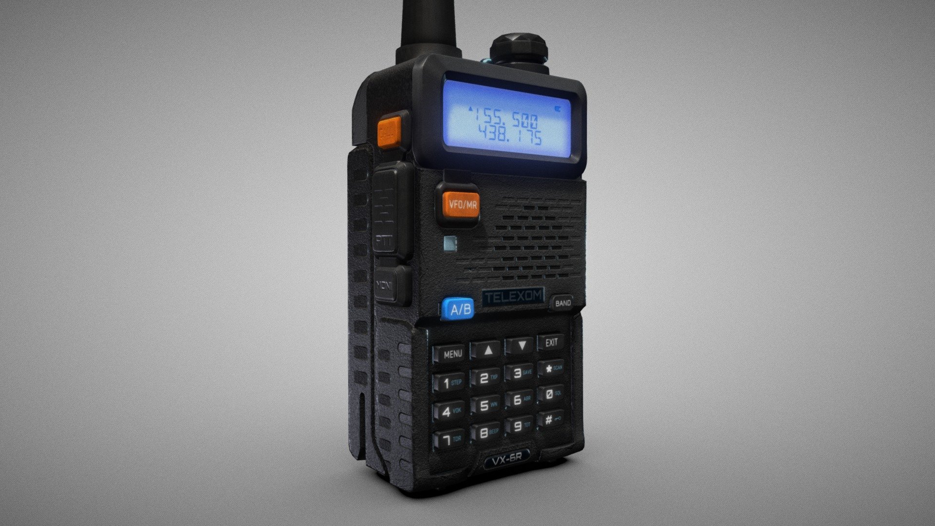 Handheld Portable Radio
Created by Telexom Electronics CO,. LTD,  American telecommunications company.

Hand-held, portable, two-way radio transceiver, providing easy communication.

Created based on reference images (Baofeng UV-5R used as a reference)
Modeled in 3DS Max. 3D painted in Substance Painter 3d model