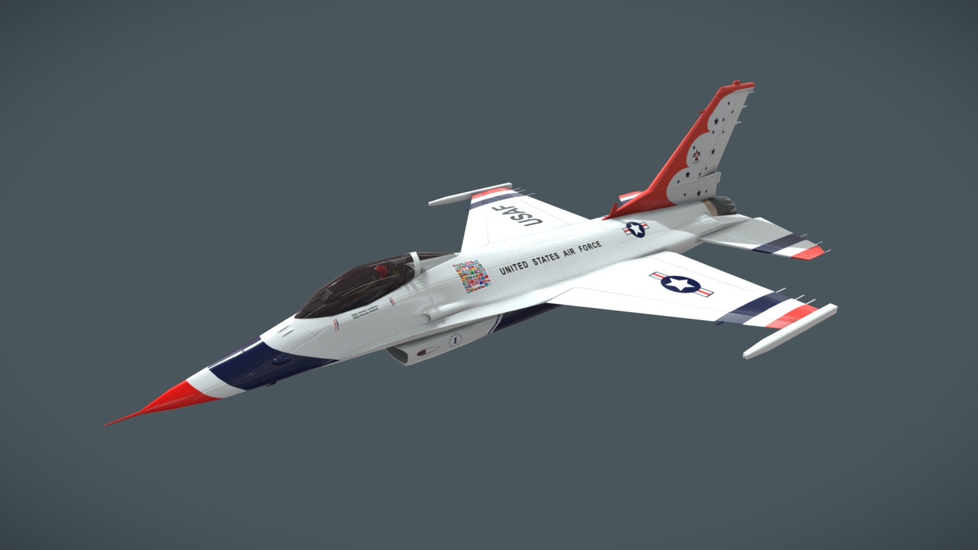 Low poly model of a USAF F-16 Thunderbird.

Modeled in Maya. Textured in Substance Painter 3d model