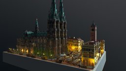 Plaza Night Time cathedral, plaza, european, medieval, market, night, italian, gothic, town, carriage, clocktower, industrial_age, minecraft, voxel, city