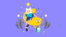 Adventure Time (FanArt) computer, time, tv, dog, white, boy, animals, console, creatures, series, bmo, adventure, color, finn, jake, yellow, celshading, phothoshop, maya, modeling, cartoon, 3d, model, animation, blue, sketchfab, screen