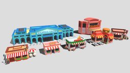 Low poly business buildings pack cinema, burger, cafe, restaurant, center, shopping, pack, props, pizza, mall, lowpoly, city, building, shop
