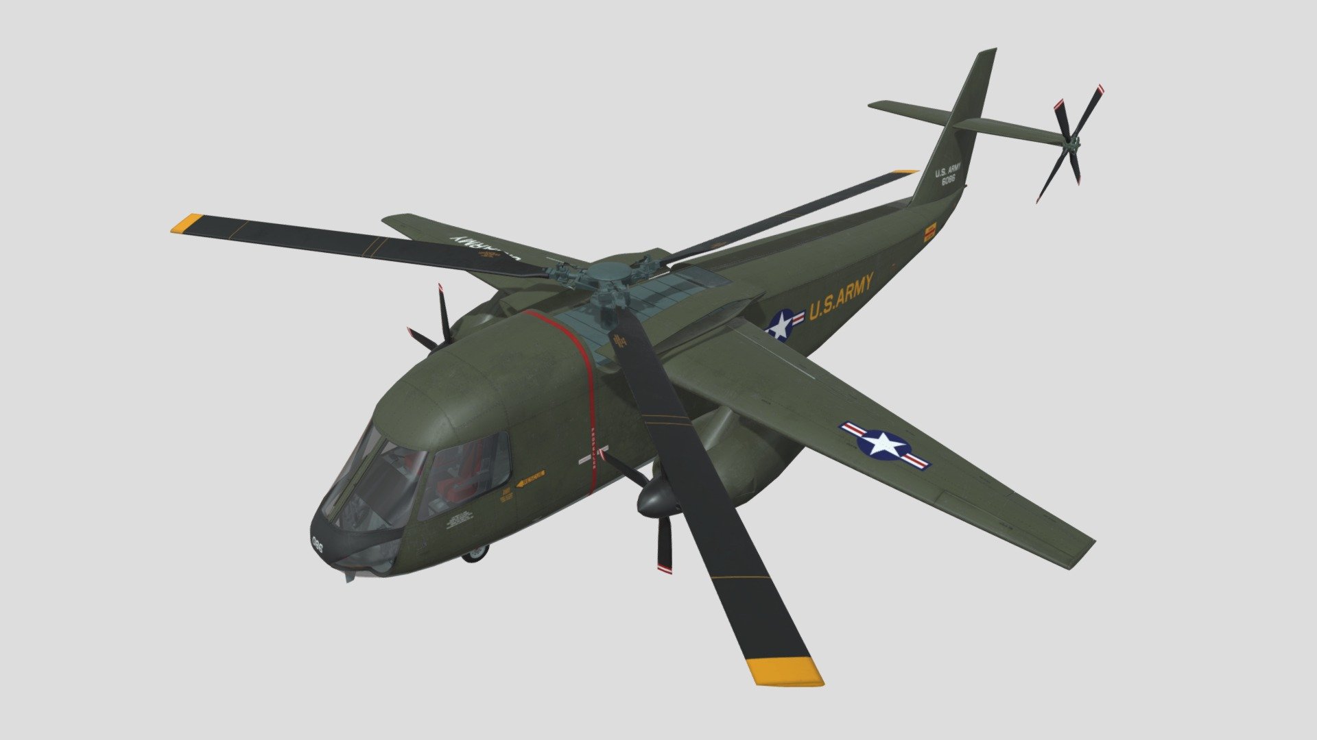 In the mid-1960s, various forms of VTOL were all the rage. In 1965, Lockheed responded to the U.S. Army's RFP with the CL-945 concept, a design for a retractable rotor helicopter. At low speeds and hovering, it will operate as a helicopter; at higher speeds, an aircraft-style propulsion system will power it; at much higher speeds than helicopters typically achieve, the rotors will stop spinning, and Fold back and stow away for minimal resistance. This is a great idea, but there is a small problem, it is very complicated, heavy and expensive 3d model