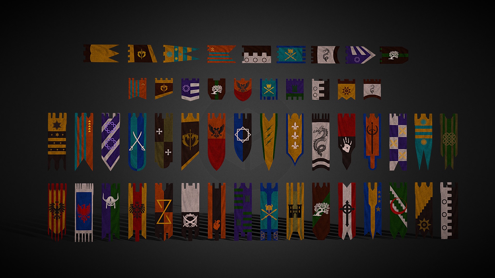 Medieval Banners &amp; Flags
This is just a test, on banners and flags, looking at how to make a good model, and these only have one face and geometry.

But I have other models based on opacity, a rectangular geometry for all, and then it is shaped with opacity.

I really do not know what the best way to make a banner would be! - Medieval Banners & Flags - 3D model by Canary Games (@CapAlatriste) 3d model