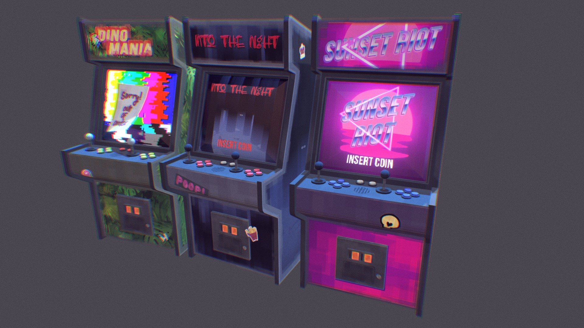 Some handpainted arcade boxes and animated screens. Made with Blender and textures painted in Photoshop. Was a personal project I started a while ago and finally got around to finishing! - Game Arcade Boxes - 3D model by Howler Monkey (@howlermonkey) 3d model