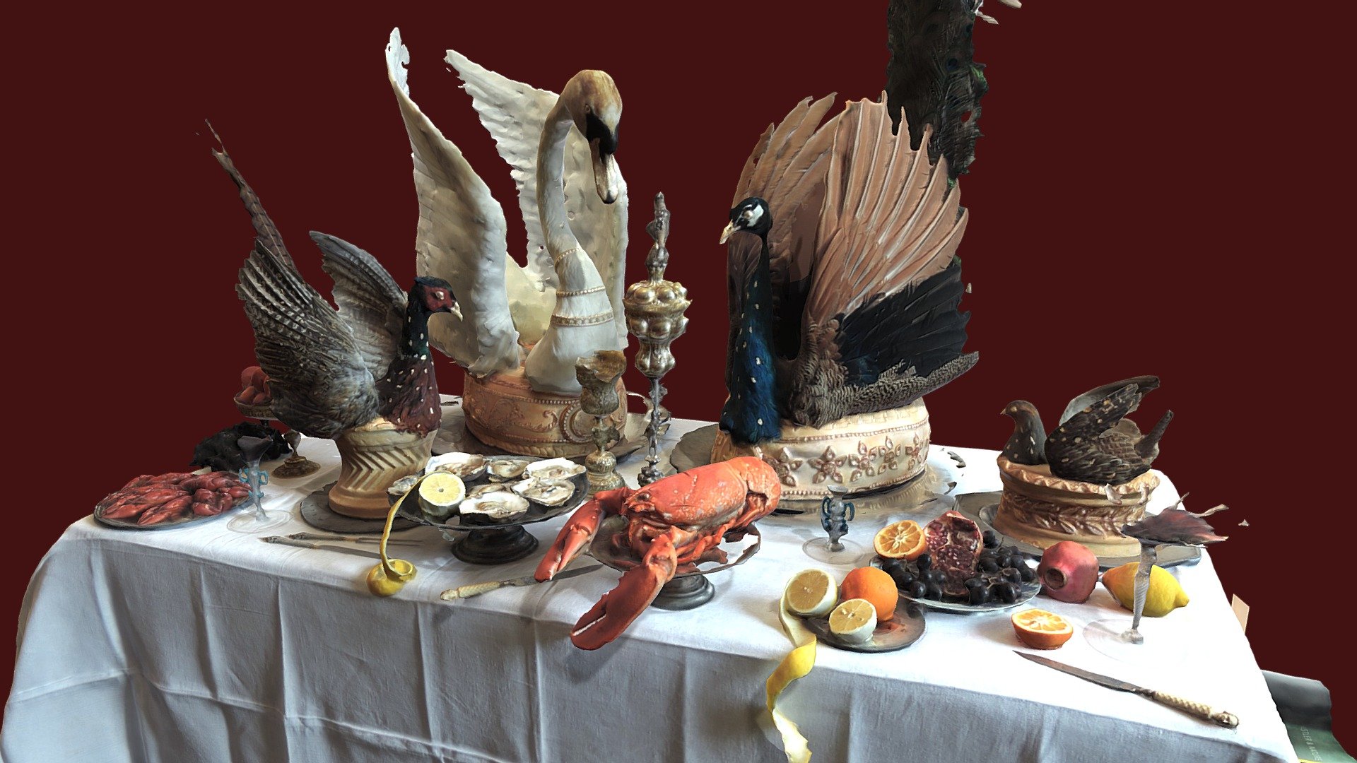 A 3d scan made from photos taken in 2019 by Abi Glen and Jennifer Wexler whilst on the AHRC post doctoral creative economy engagement fellowships. Processed in November 2022 by Daniel Pett in Capturing Reality. This represents a Baroque dining table scene from the Feast and Fast exhibition held at the Fitzwilliam Museum in 2019-2020 curated by Vicky Avery and Melissa Calaresu. The table is the work of the great Ivan Day.

450 images, taken in the Syndicate Room of the Fitzwilliam Museum. Thanks to Mike Jones and team for their help and museum technicians 3d model