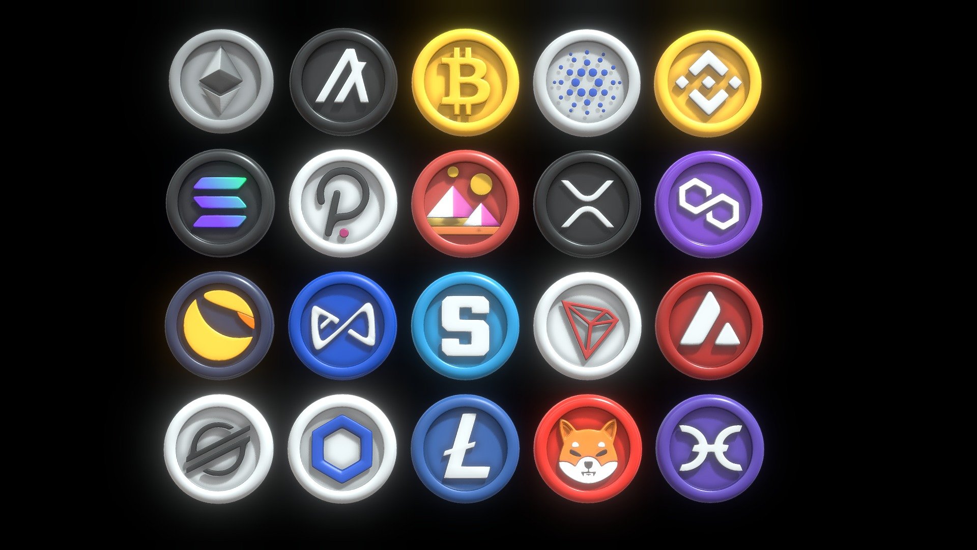 3D 20 Cryptocurrency coin pack with cartoon style Made in Blender 3.3.1

Coin List :




Ethereum

Holo

Litecoin

Terra

Polkadot

Polygon

Sandbox

Solana

Stellar

Tron

Cardano

Ripple

Algorand

Avalanche

Axie Infinity Shard

Binance

Bitcoin

Chainlink

Decentraland

Shiba Inu

All of This model does include a TEXTURE, DIFFUSE, AND ROUGHNESS MAP, but if you want to change the color you can change it in the blend file, just use the principled bsdf and play with the Roughness, and Base Color parameter.

each coin exported to an FBX, OBJ, DAE, GLTF and STL format - 20 Cryptocurrency coin pack with cartoon style - Buy Royalty Free 3D model by pakyucangkun 3d model