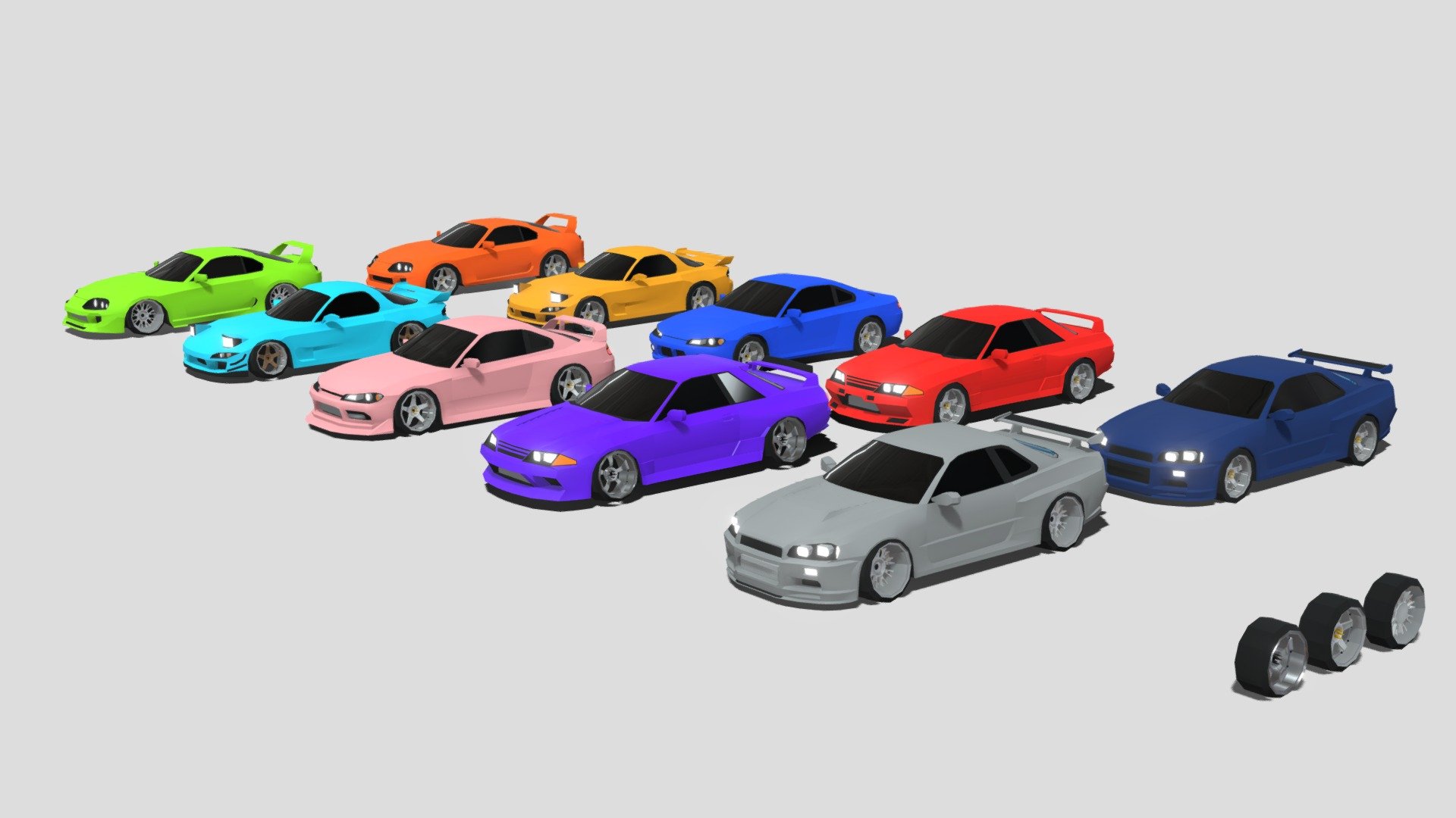 This pack contains 5 Low-Poly Retro Tuner and Drift Japanese Cars ready for your games, animations, and renders. Features R34 Nissan GTR, R32 Nissan GTR, S15 Nissan Silvia, FD Mazda RX-7, and Toyota Supra. Each car also has a modified version. This pack also contains 3 different rims as a bonus 3d model