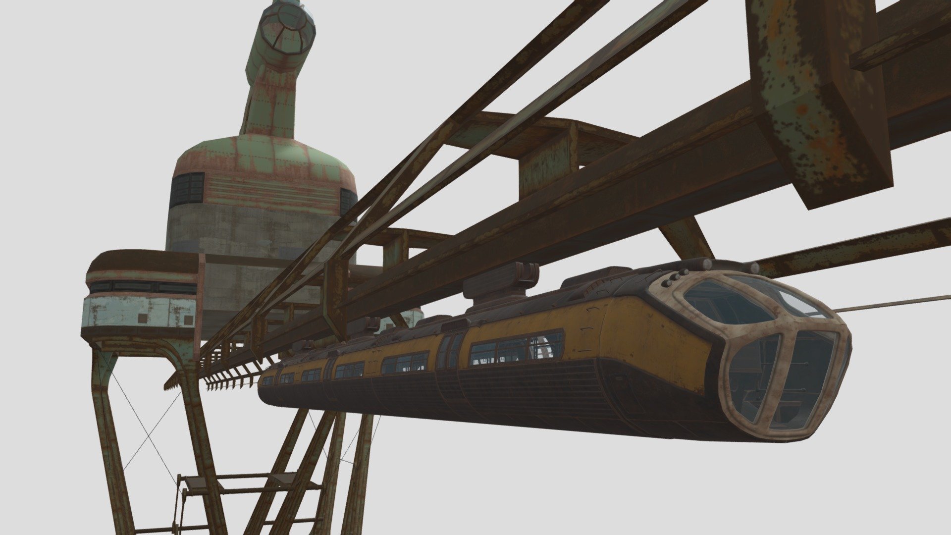 This monorail is based on a german ALWEG-styled straddle-beam type.

Texture Adjustments
Fixing UV maps
Some minor mesh changes
The station and monorail are seperate meshes.
 - Fallout: Monorail + Station - Download Free 3D model by emijar 3d model