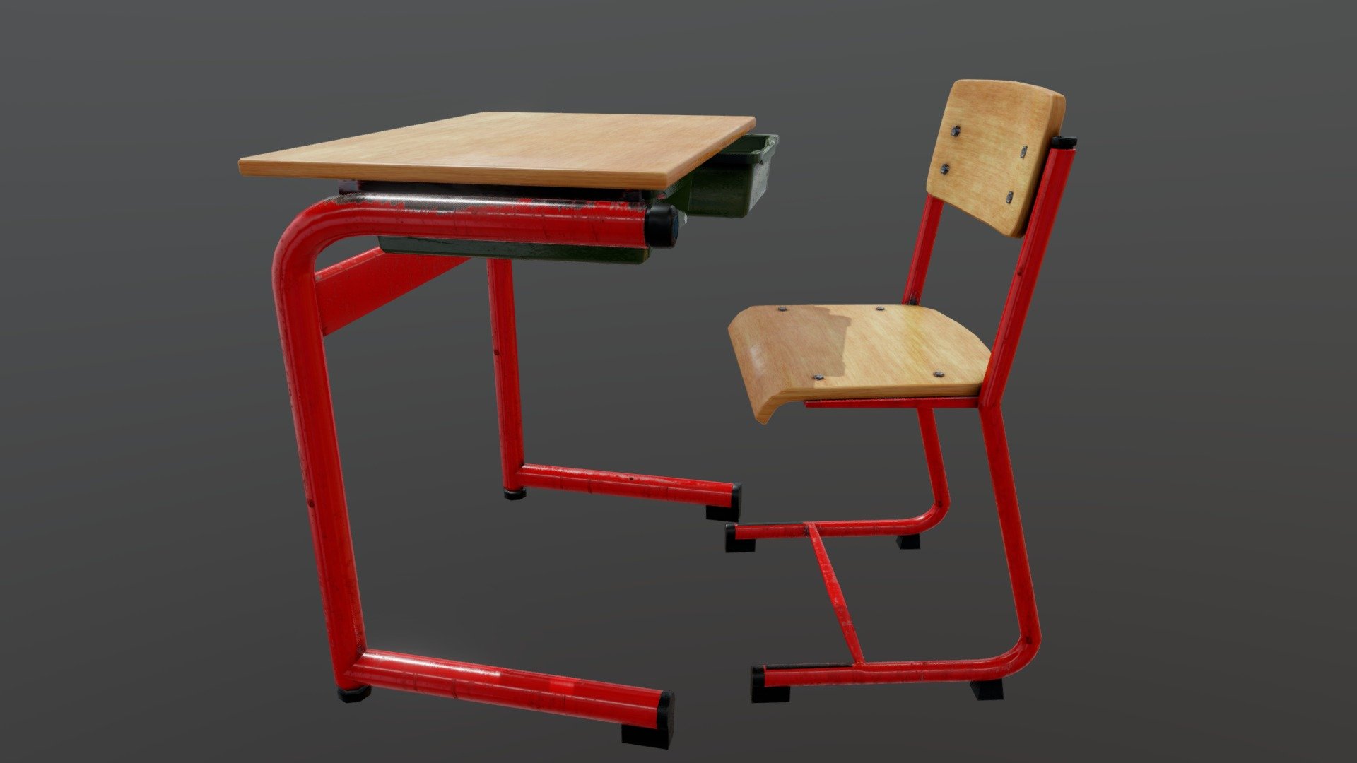 This school desk is the first prop I've created for our latest VR project with free speech recognition, that I worked on as art director / lead artist.
It is based on a 90's Dutch school desk, with modern dimensions.

Check out the whole evironment on my Artstation, here: https://www.artstation.com/artwork/oA0n2B

All envrionments must be able to run on an Oculus Go in combination with our IVA characters, speech recognition/processing and all other logic at a minimum 72fps.
For more info: https://thesimulationcrew.com/ - School Desk - 3D model by JamieNooten 3d model