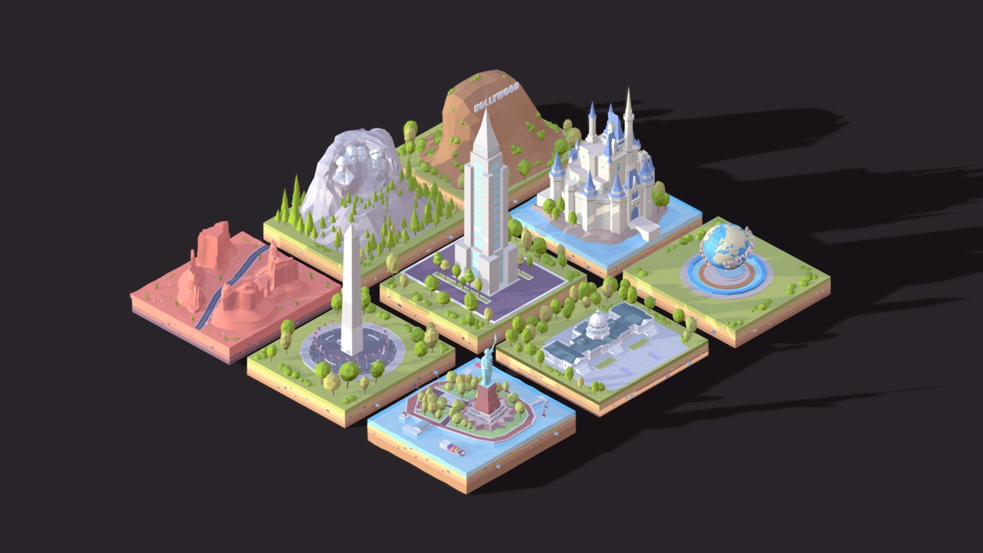Cartoon USA World Landmarks Low Poly Bundle

Created on Cinema 4d R17

Procedural Textured

143 200 polygons

Game Ready, Unity Ready

AR Ready, VR Ready

Pack include: Statue Of Liberty, Dysney Castle, Empire State Building, United States Of Capitol, Rushmoor, Washington Monument, Universal Globe, Hollywood
 - Cartoon Low Poly US Landmarks Pack - Buy Royalty Free 3D model by antonmoek 3d model