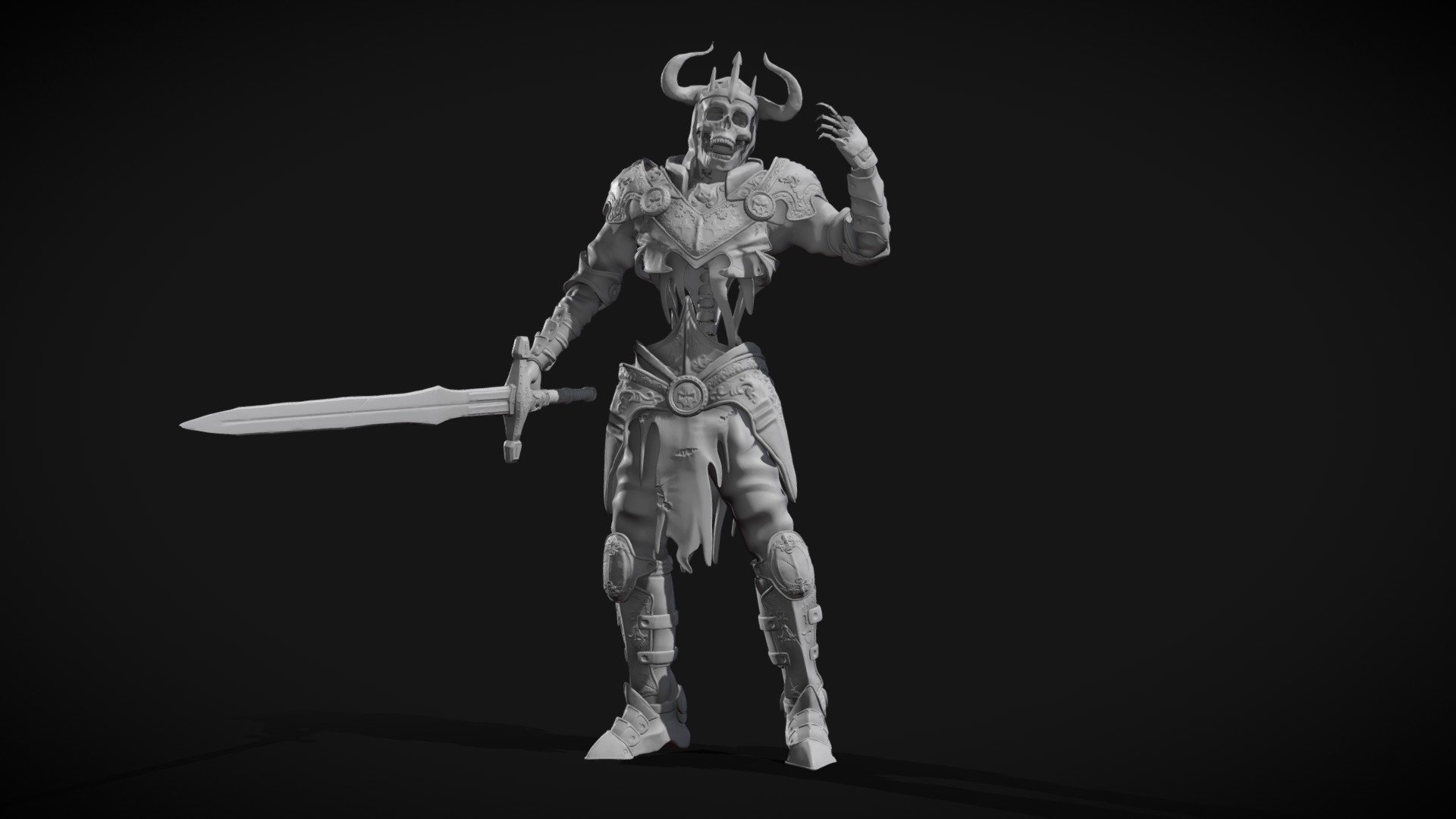 Model is decimated for display in Sketchfab only. Attached high-resolution Zbrush .ztl sculpt in both neutral stance and posed. Not UV'ed. Weapons (Sword/Shield) are included in the files. Textures may look off due to the custom material was applied durring texturing, thus, for the best result, please switch to &ldquo;Textured Metal