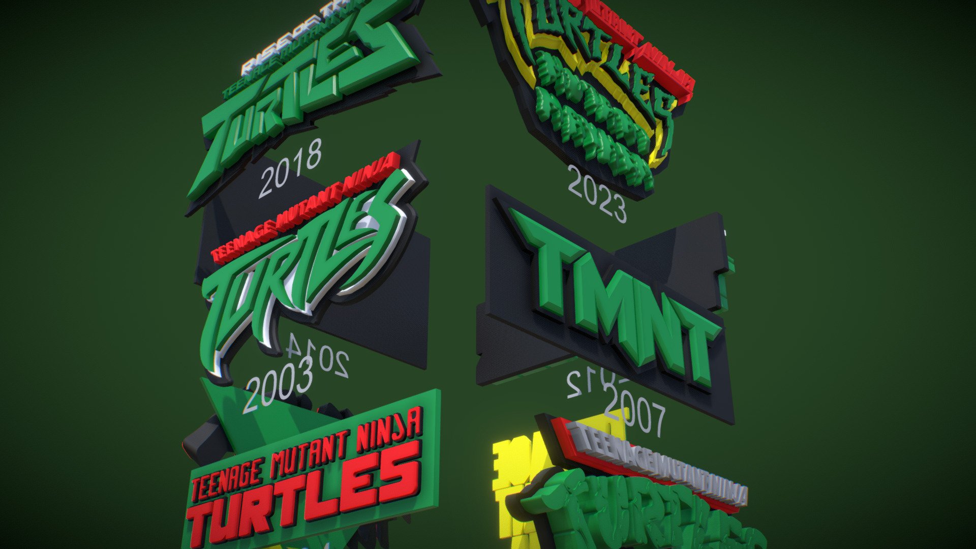 TMNT all logos 1984 - 2023 Renderable and Printable versions

Ready to render low poly Ready to print stl full and splitted shapes for printing

Formats: OBJ, FBX, STL, MAX 2020

LOGOS:

1984 - Comic version Logo.

1987 – 1996 - Teenage Mutant Ninja Turtles classic series El primer logotipo de las Tortugas Ninja se introdujo en 1987 y permaneció intacto durante casi diez años.

1990 - Teenage Mutant Ninja Turtles Movie (1990)

2003 – 2006

TMNT 2007 Movie

Teenage Mutant Ninja Turtles Movie (2014)

2010 

2012 – 2017 La franquicia usó un logotipo geométrico muy brillante de 2012 a 2017.

2018 – 2020 - Rise of the Teenage Mutant Ninja Turtles 2018 

2022 –

Teenage Mutant Ninja Turtles was created by American comic book authors Kevin Eastman and Peter Laird in 1984. The original comics followed Leonardo, Raphael, Donatello and Michelangelo. The classic animated series premiered in 1987 and ran for almost a decade 3d model