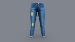Female Rolled Legs Torn Denim Jeans Pants