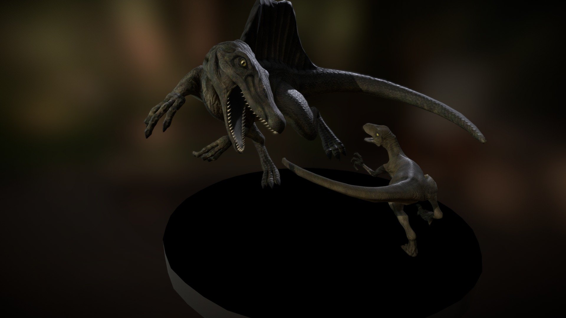 3d scene of dinosaurs fighting - Spinosaurus and Velociraptor - 3D model by rolnei 3d model