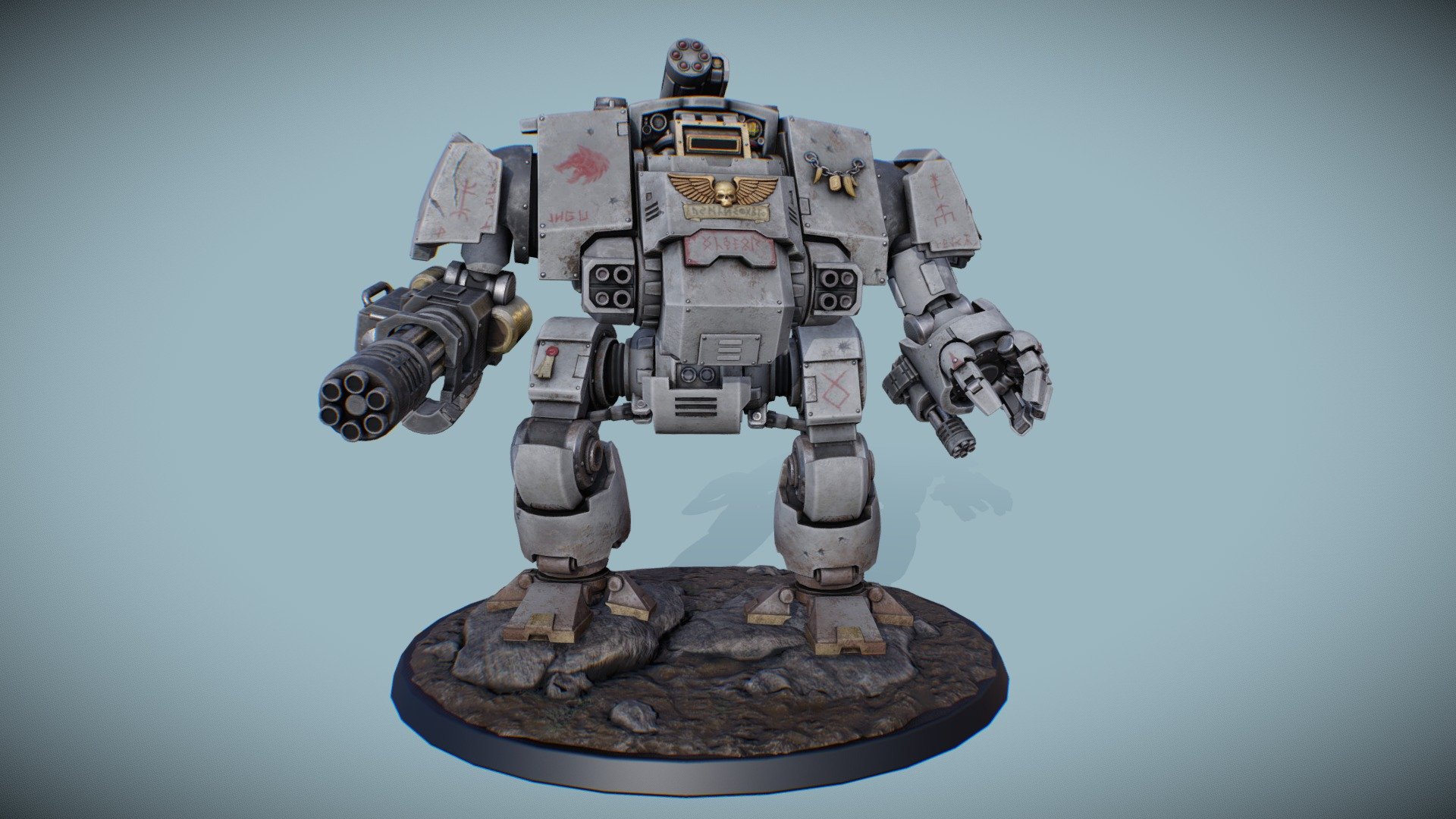 3d model i've been working on for a few months now. the base design comes from the universe Warhammer 40k, i decided to make it a space wolf dreadnought with the old paint style of light gray/red instead of the blue/yellow one we mainly see, it's also part of the iron wolves Great Company. modelled with blender and textured with substance painter, i practiced a lot on using hardened normals in my workflow, most edges of the mesh are using this to help smooth the shape. the model is rigged and has a material with 1 set of 4k PBR textures, the base with rocks and dirt is a speparate mesh with it's own material of 2k PBR baked textures. included with the .FBX and textures will be a .zip file with a blender database fully set up and ready to render 3d model