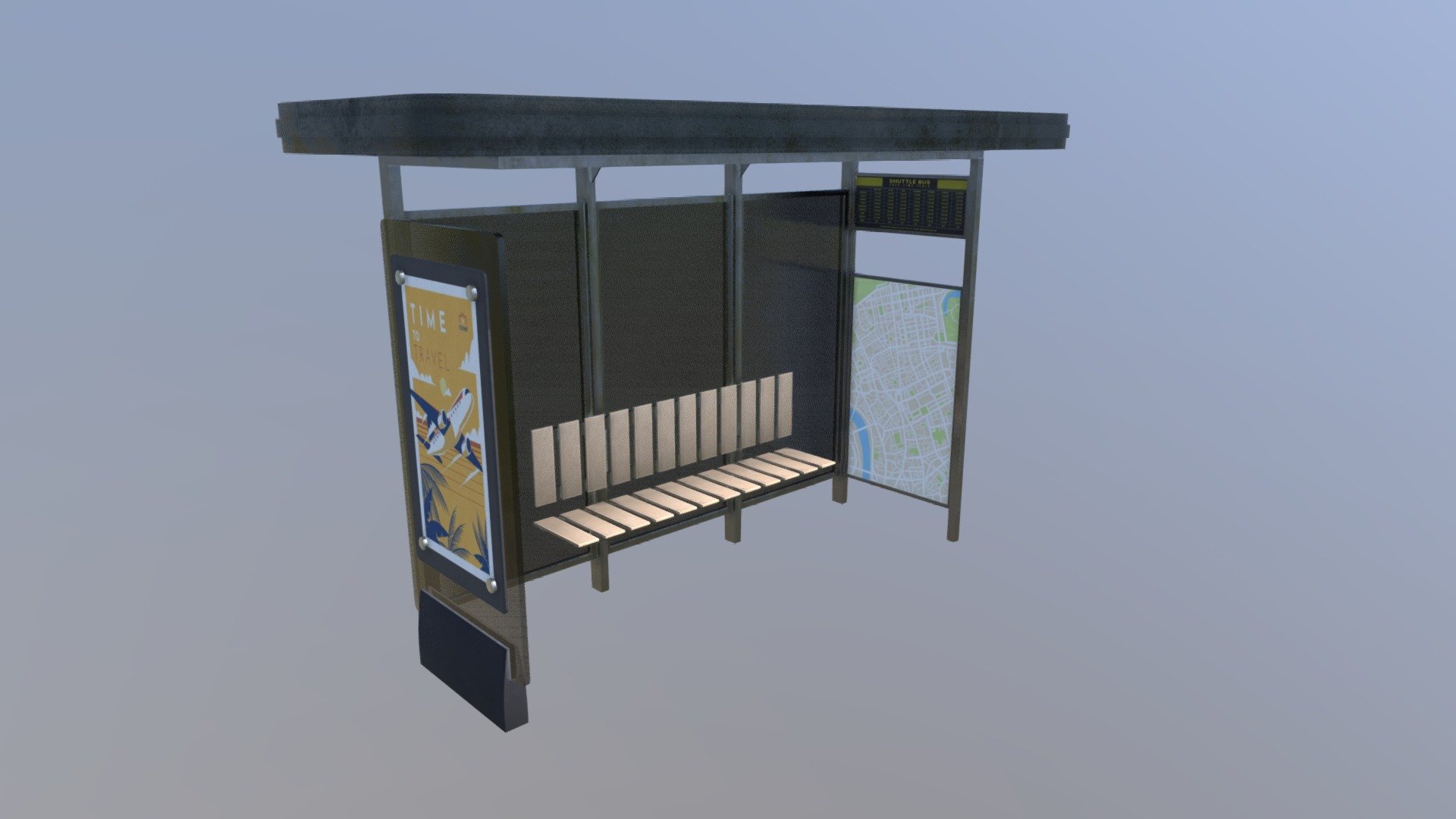This is a 3d model of a bus stop.



Bus stop with metal base, glass walls and roofs and plastic seats. It also has a glass wall with an advertising poster. On the other side of the bus stop there is a map of the city and routes. You can change the map, route, and poster if you want. You can do this by replacing the image in a 2D texture. The bus stop model is not new, so you can see dirt on the roof, windows, etc. This model is perfect for game engines. You can also use this bus stop for stylized renders or your own animations. The model is close to real dimensions, high resolution textures are used, this is a PBR model. The mesh is made of triangles, Non-overlapping Uv map. Count of polygons: 2,251.



Total count of tris: 4,840

Total count of vertices: 2,526



Textures size 4096x4096

Including these maps:

Diffuse

Metallic

Roughness

Normal

Alpha map



Including formats:

Blend

Fbx

Obj



Created in Blender 3.0
 - Modern Bus Stop Shelter - 3D model by Ottto3d (@Otton3ds) 3d model