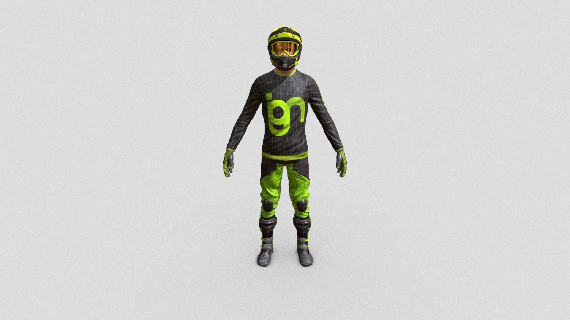 Motocross Biker character - high detail.

PBR textures for , redshift, standard PBR, Unity PBR and Unreal Engine 4 PBR.

• Fake branded textures

• Non branded Textures for easy tweaking and adding custom graphics.

•Additional PBR dirt maps with masks for dry and wet dirt.

•Body collision mesh for cloth simulation if needed.

•Basic null FBX rig for posing or retargeting 3d model