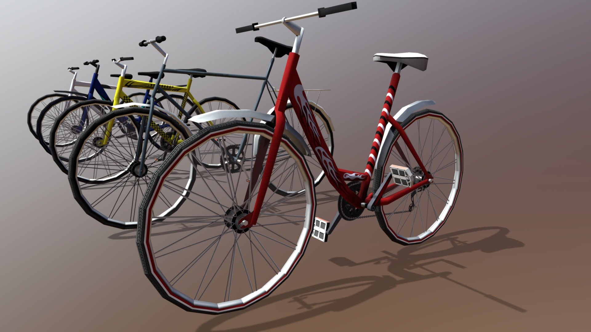 Here are low-poly 5 bicycle models, Model count 864 polys and 1025 verts. Realistic shadows,
Best for games.Very good quality - 001 Lowpoly Model Bicycle - 3D model by ahmed_mumtaz 3d model